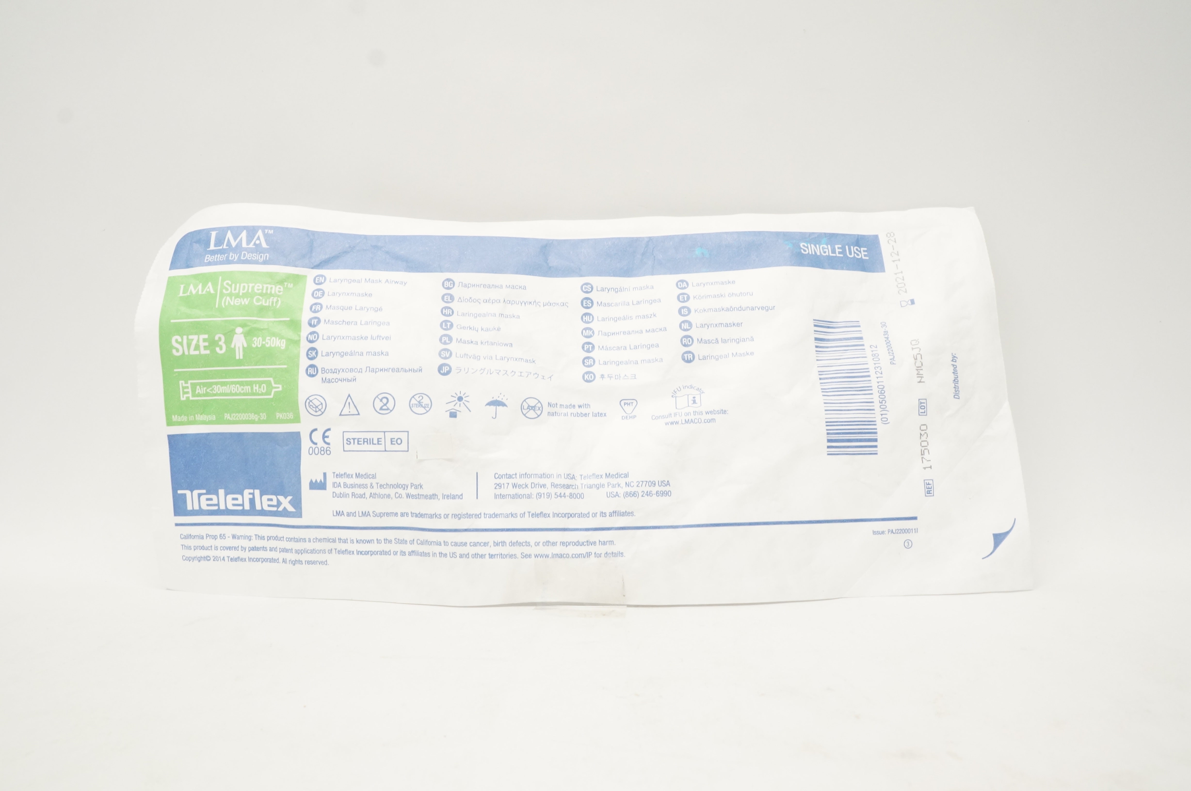 Teleflex 175030 LMA Supreme Laryngoscopy Mask Airway Size 3 30-50kg