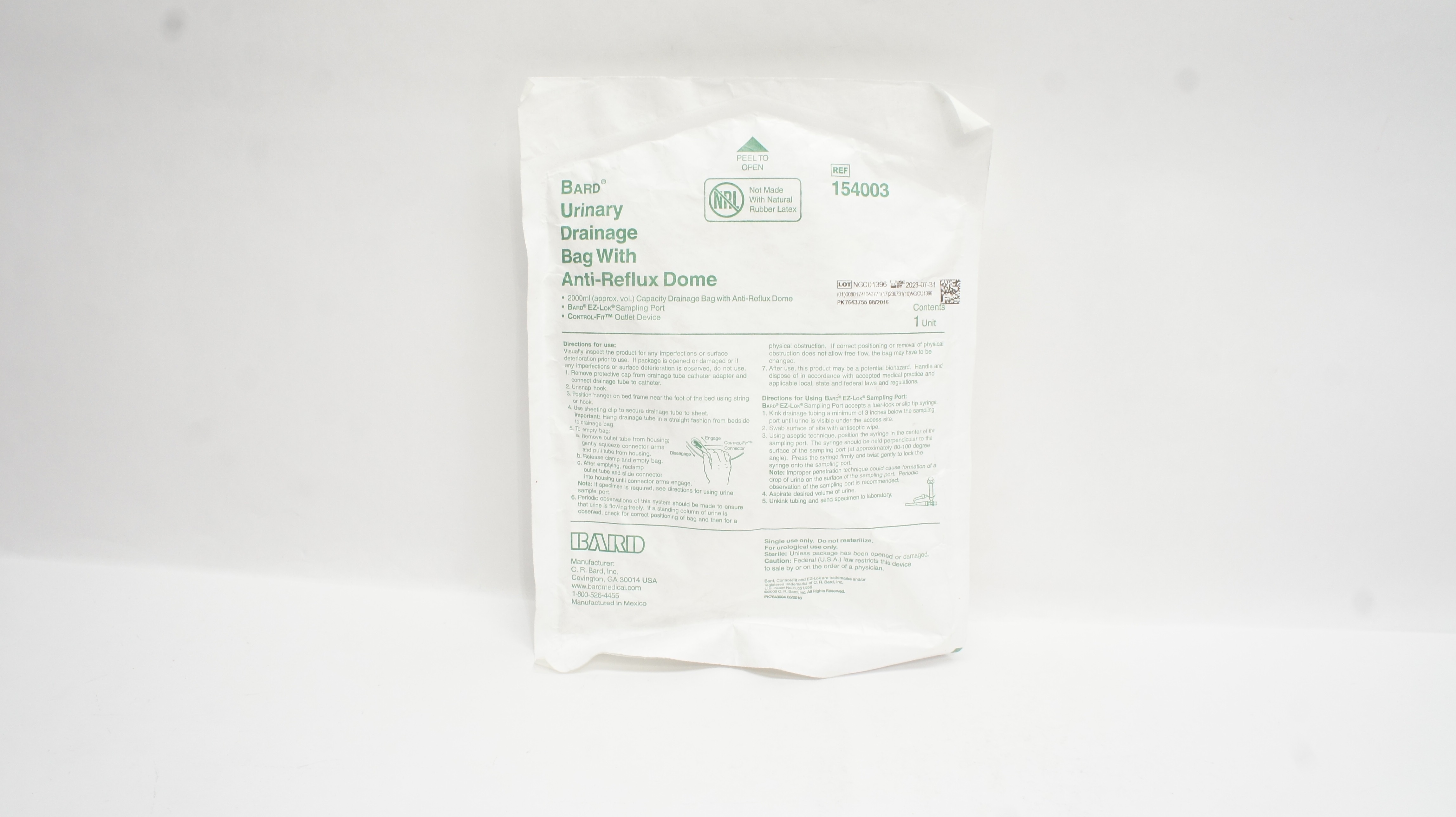 Bard 154003 Urinary Drainage Bag with Anti-Reflux Dome 2000ml (x)