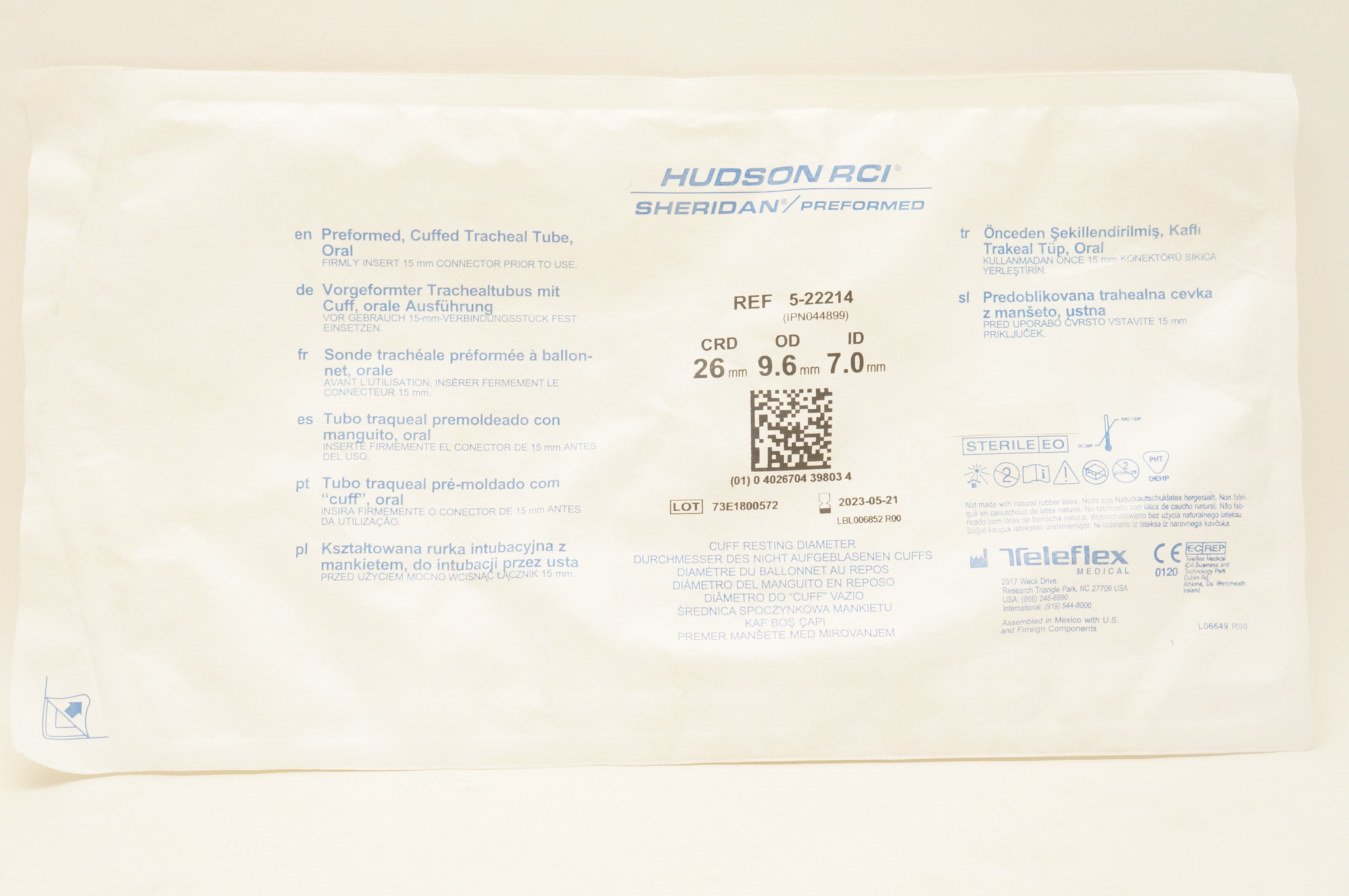 Teleflex 5-22214 Hudson RCI Cuffed Tracheal Tube 26mm x 9.6mm x 7.0mm (x)