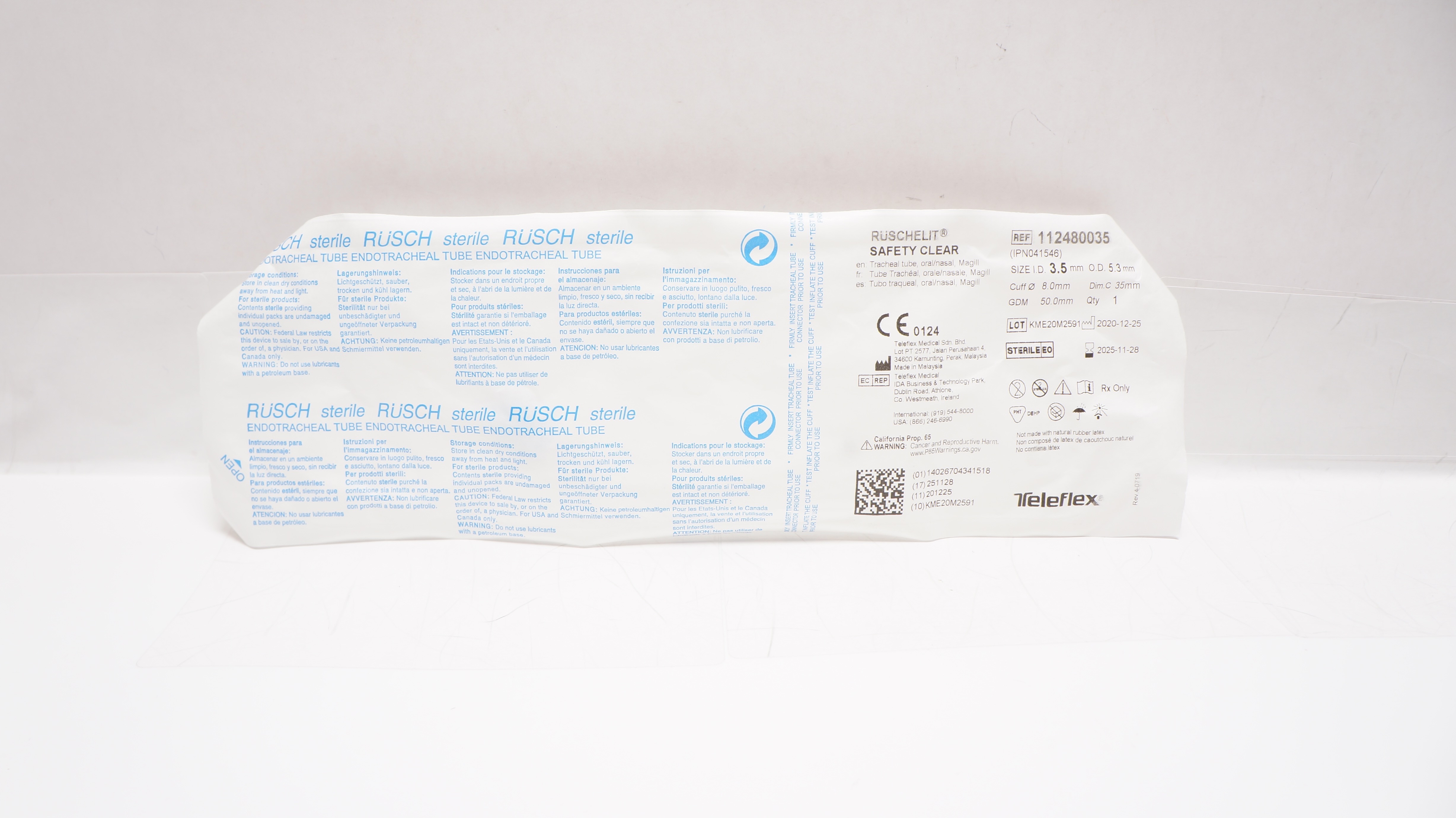 Teleflex 112480035 Ruschelit Safety Clear Tracheal Tube 3.5mm ID x 5.3mm OD