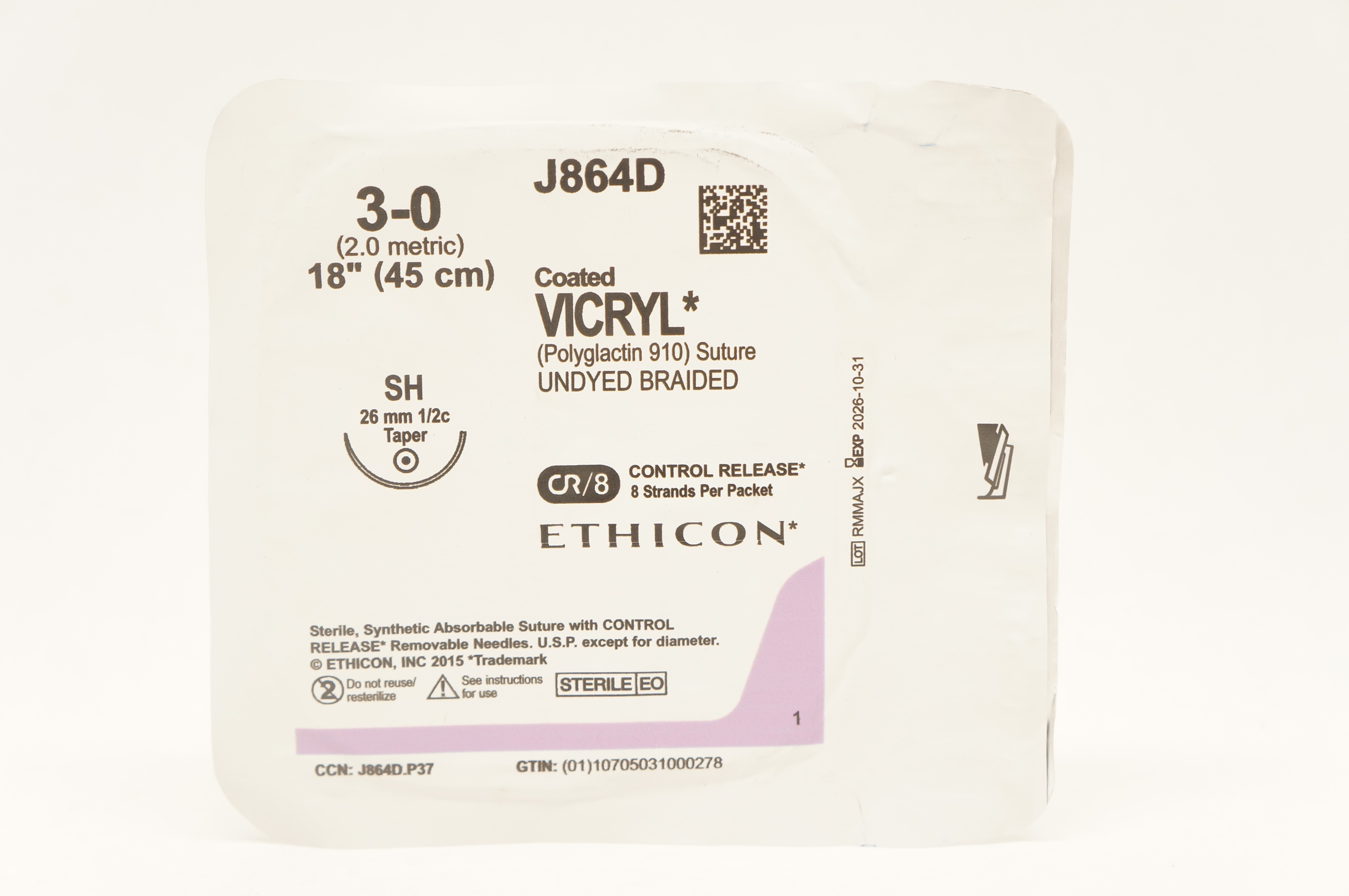 Ethicon J864D 3-0 Coated VICRYL Polyglactin 910 Stre SH 26mm 1/2c Taper 18inch