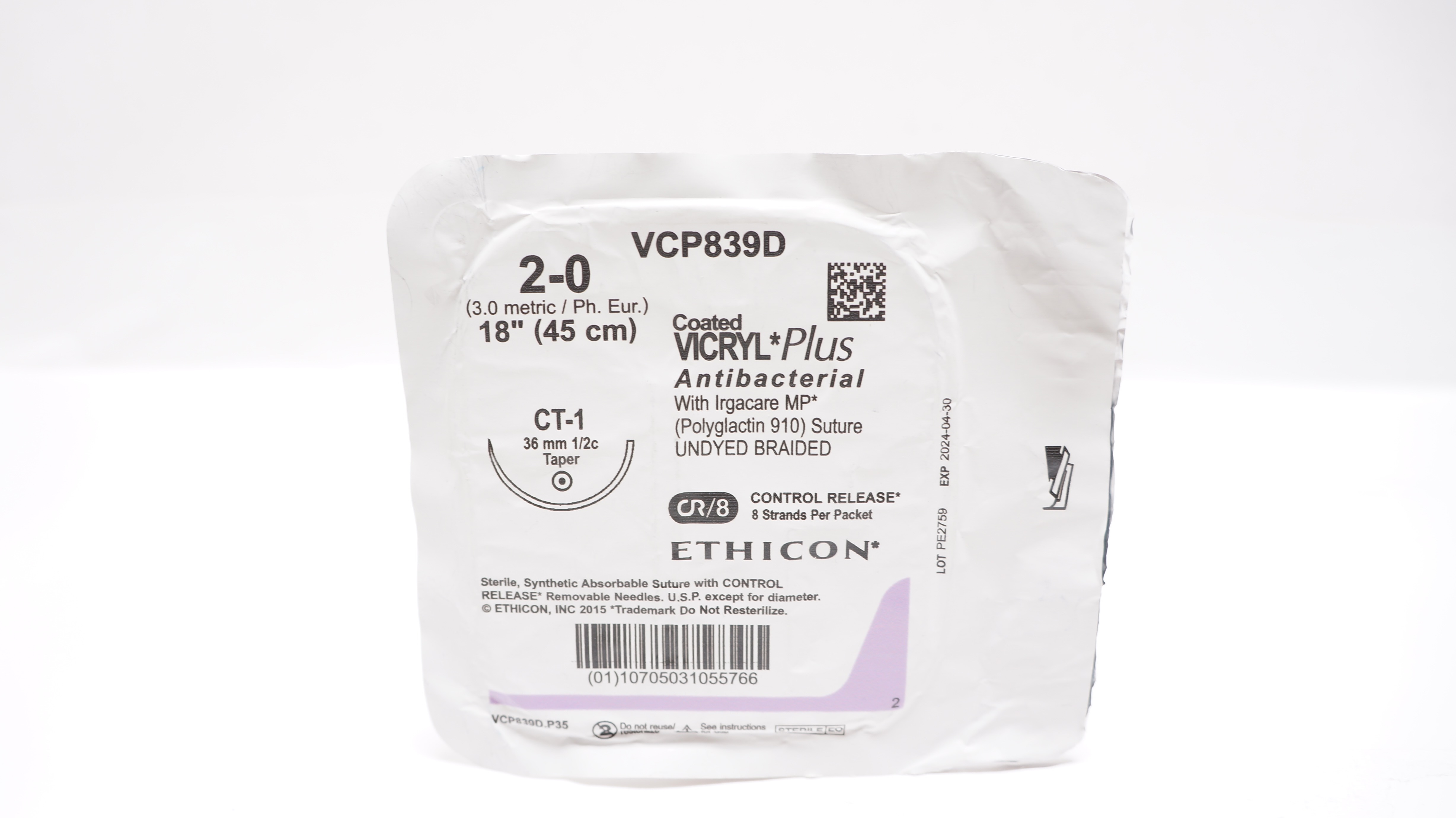 Ethicon VCP839D 2-0 Coated Vicryl Plus, CT-1, 36mm 1/2 Taper, 18inch