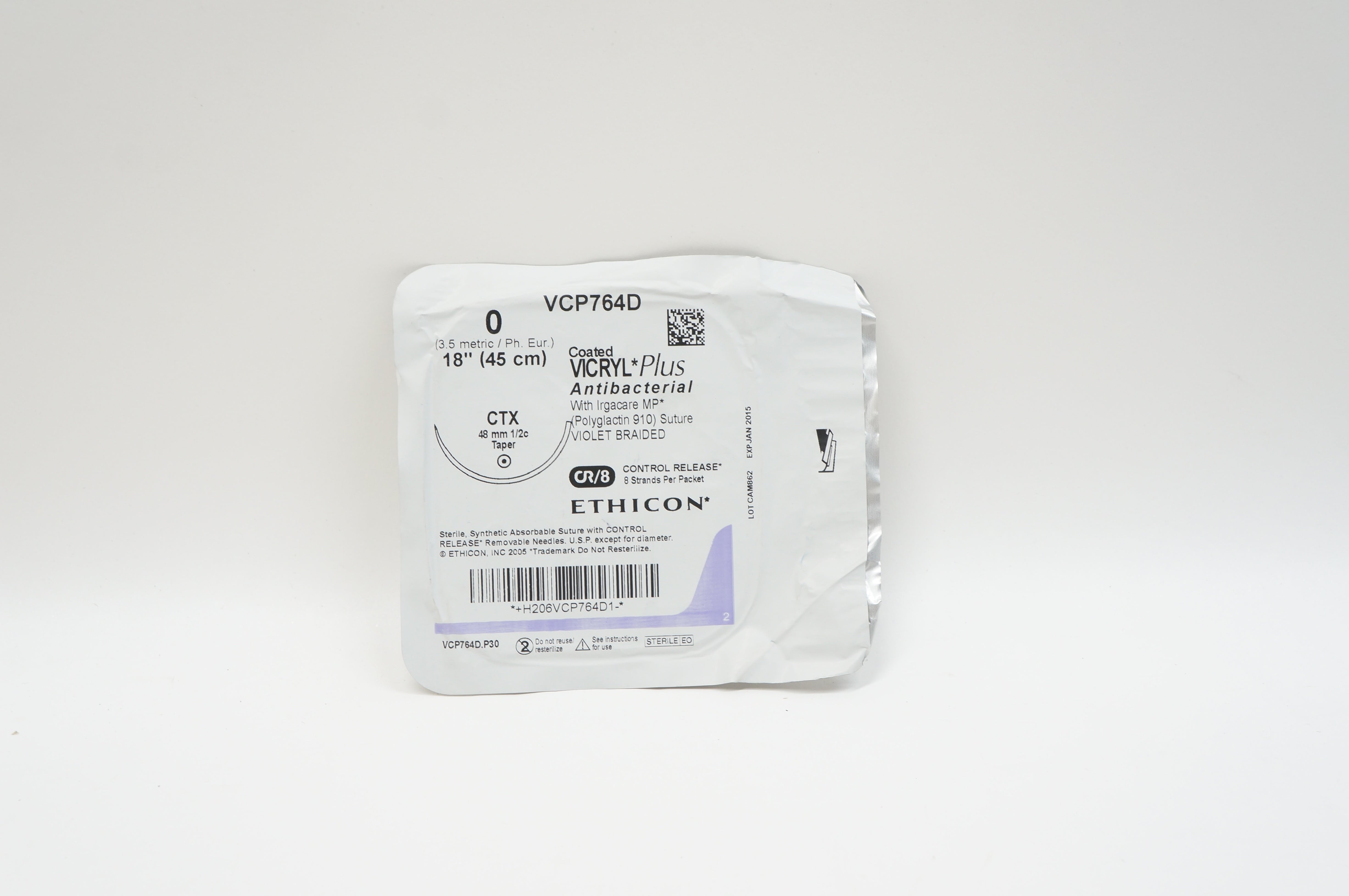 Ethicon VCP764D 0 VICRYL Plus, CTX, 48mm 1/2c Taper, 18inch (x)