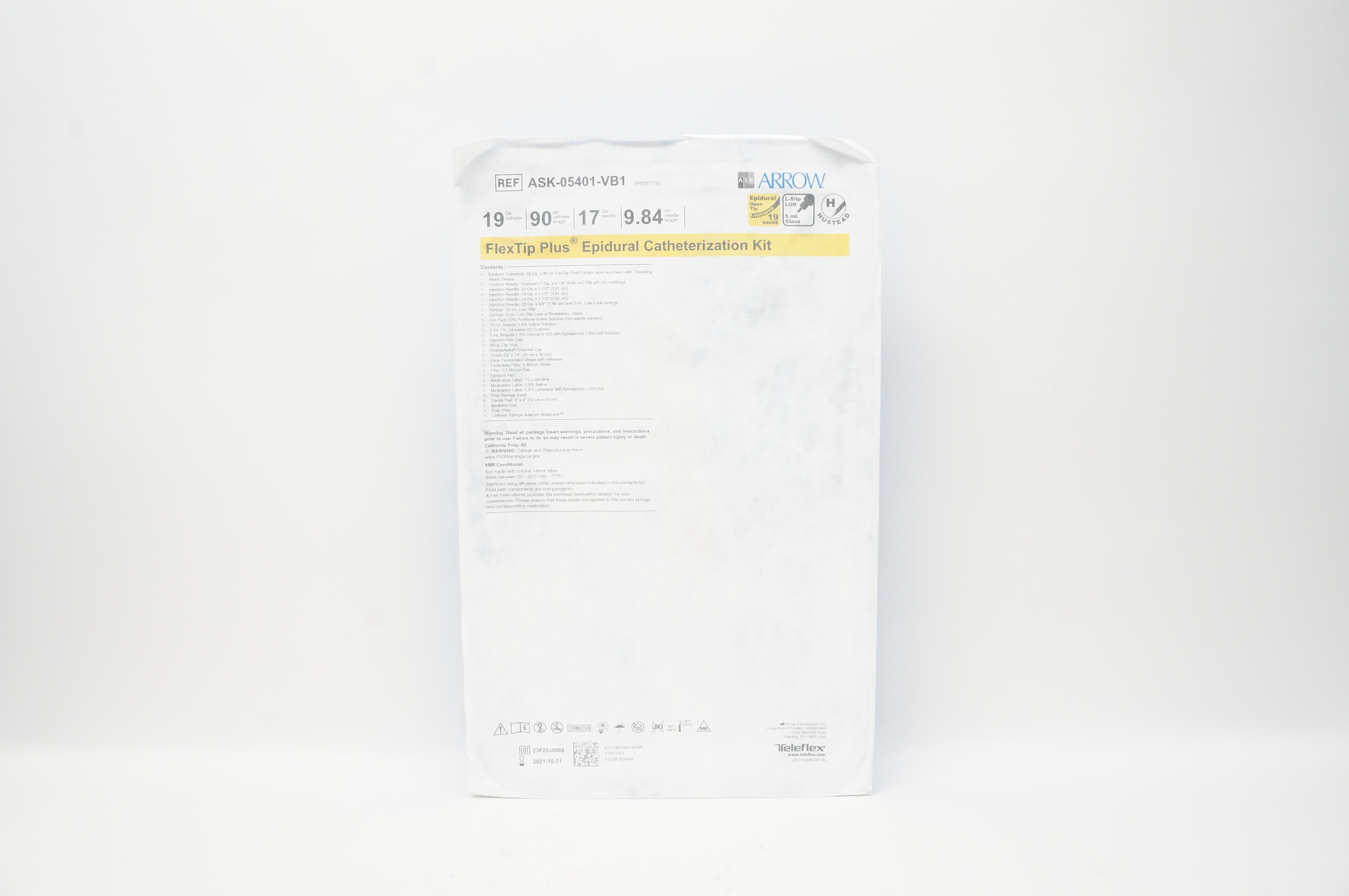 Teleflex ASK-05401-VB1 Arrow FlexiTip Plus Epidural Catheterization Kit 19G 90cm
