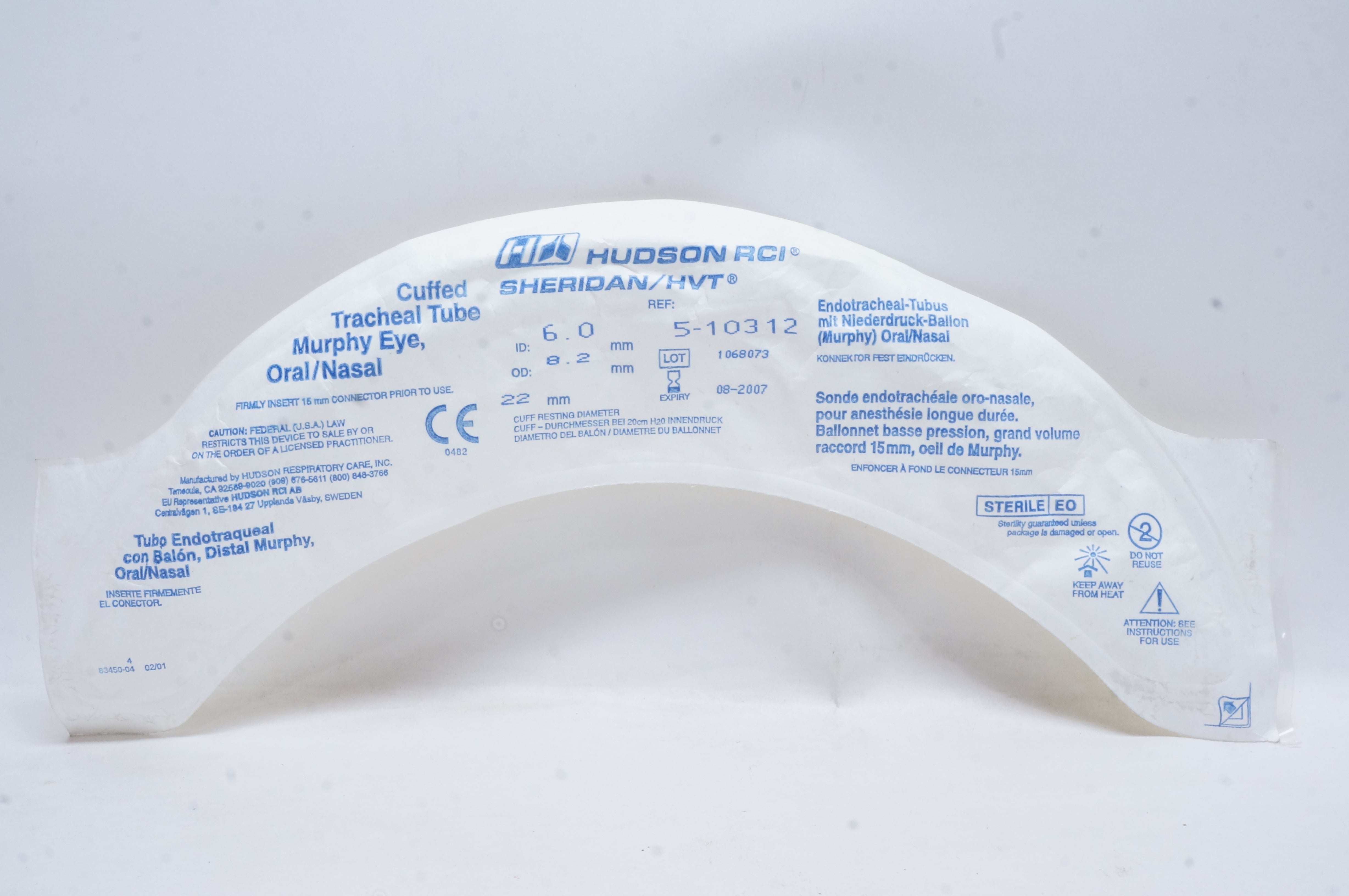 Hudson RCI 5-10312 Sheridan/HVT Cuffed Tracheal Tube 8.2 x 6.0mm (x)