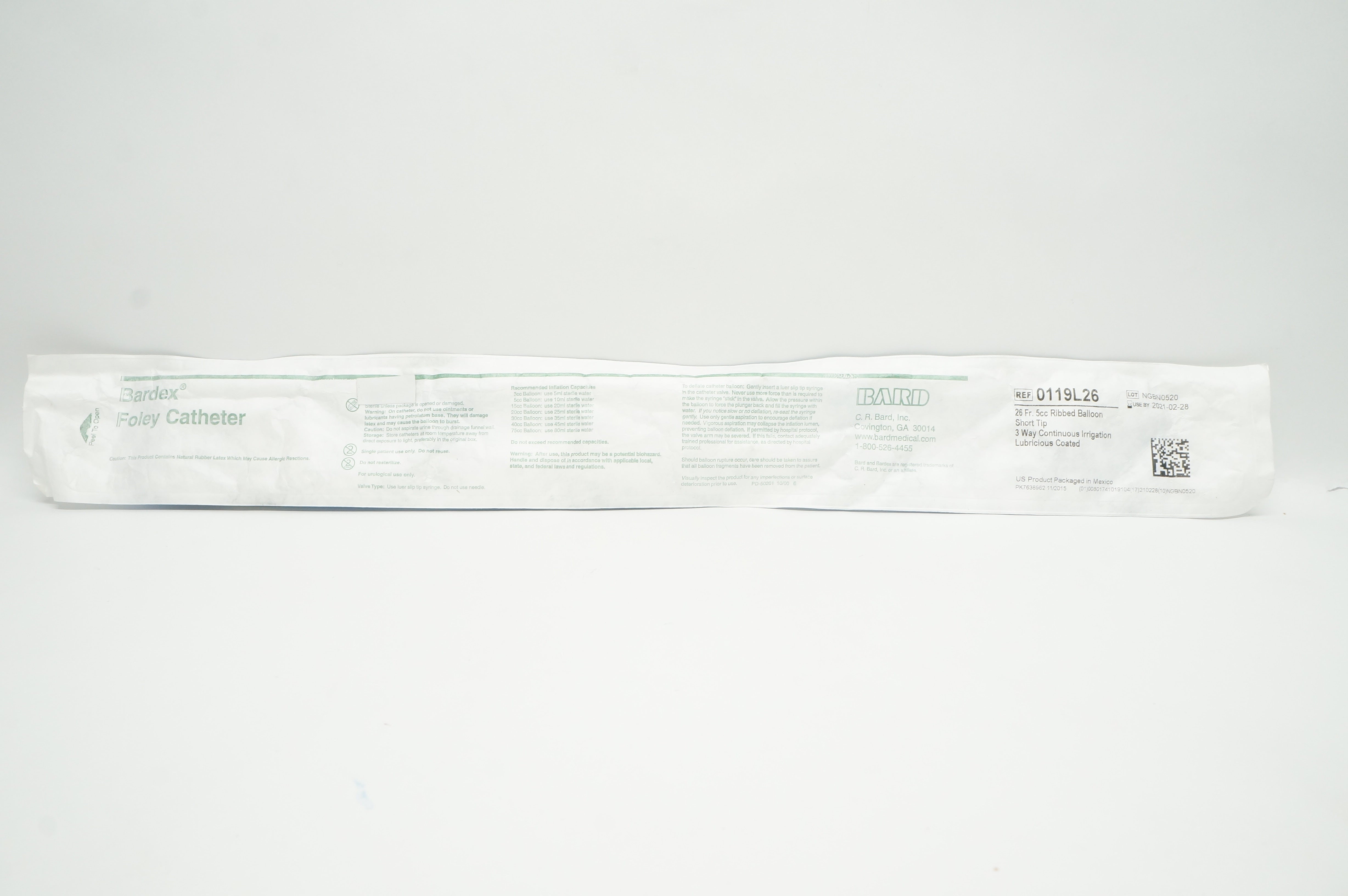 Bard 0119L26 Bardex Foley Cath. 26 Fr. 5cc Ribbed Balloon Short Tip (x)