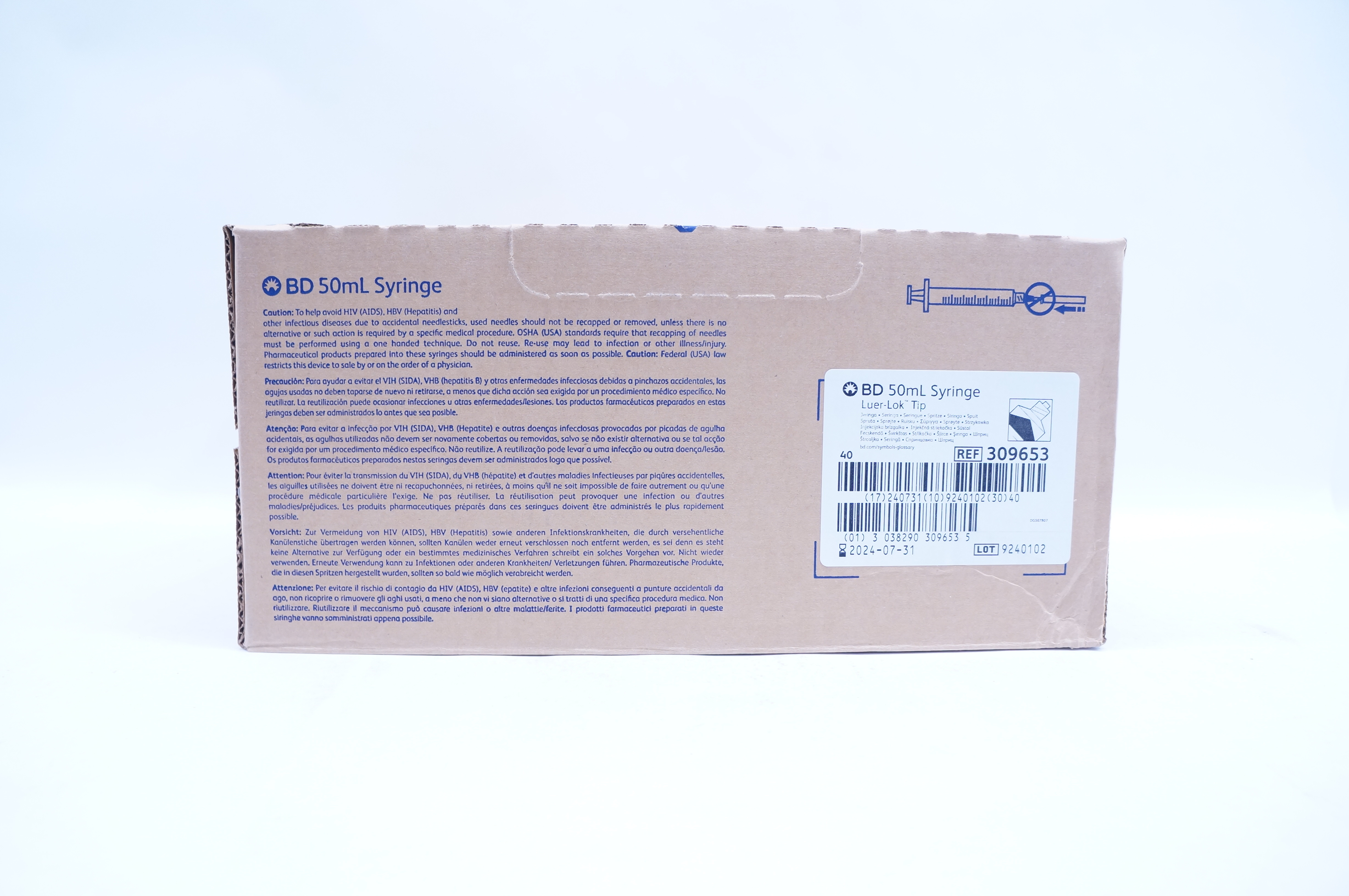 BD 309653 Luer-Lok Tip Syringe 50ml - Box of 40