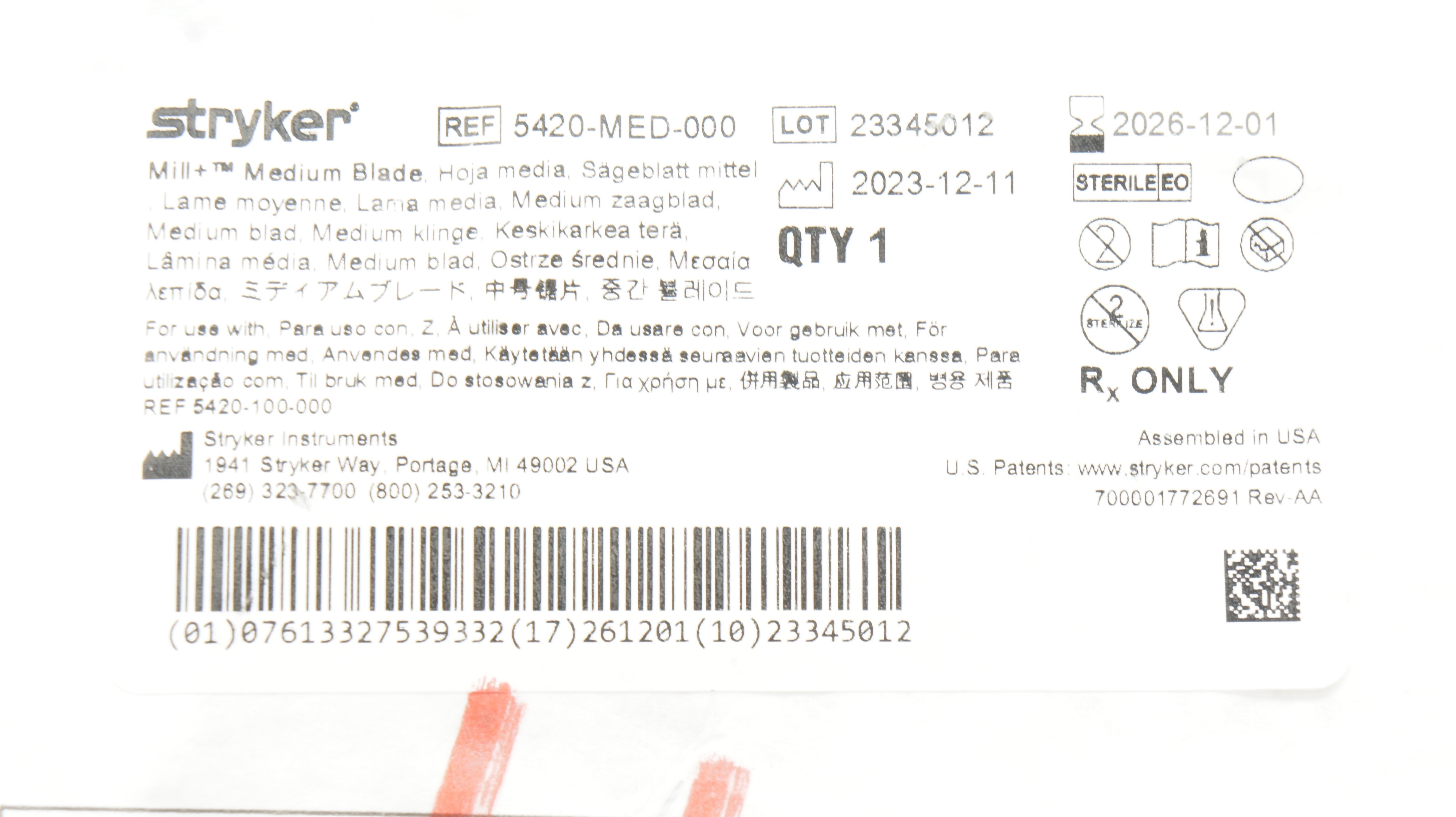 Stryker 5420-MED-000 Mill+ Medium Blade