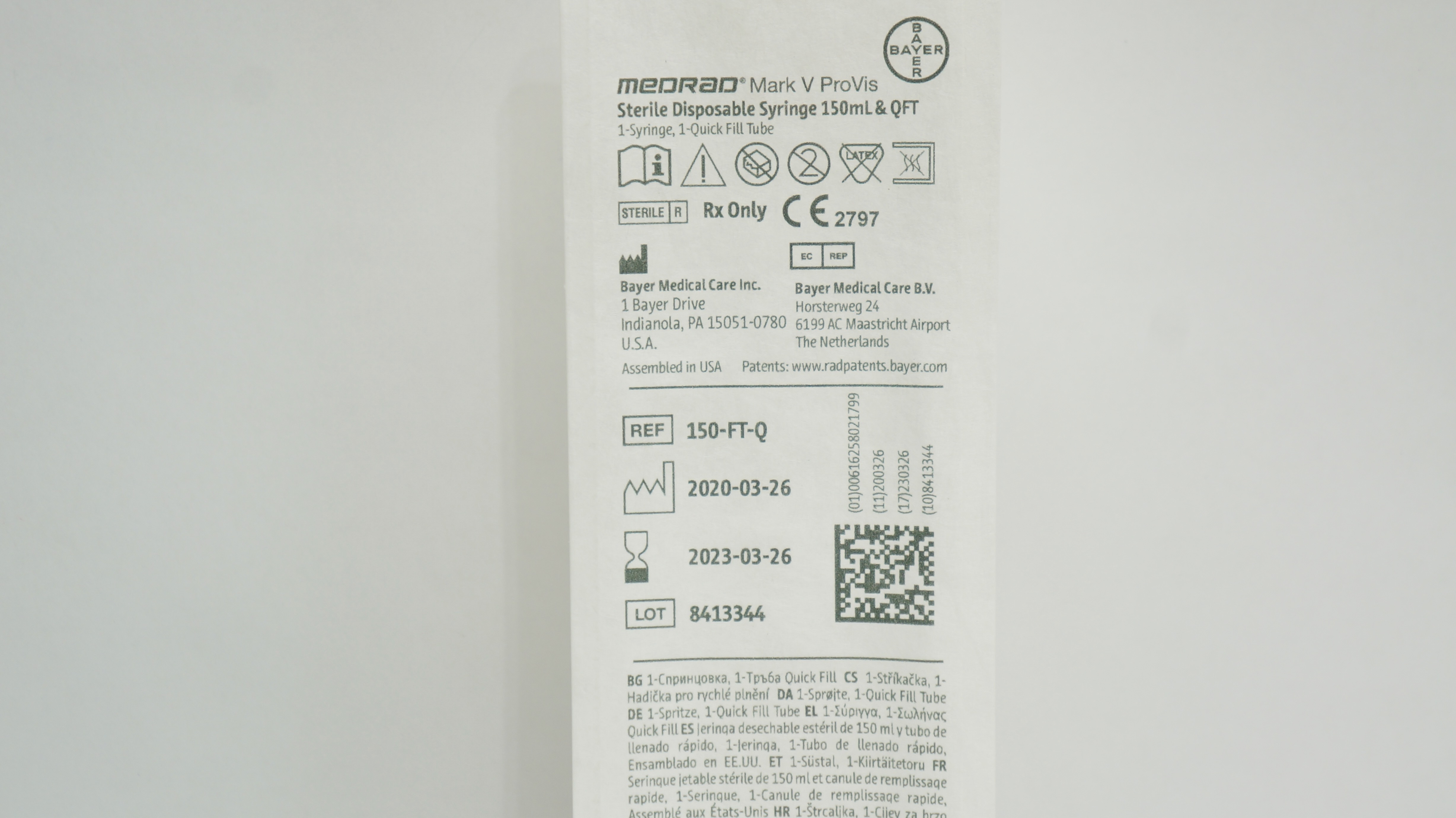 Bayer 150-FT-Q MEDRAD MArk V ProVis Disposable Syringe 150ml & QFT (x)