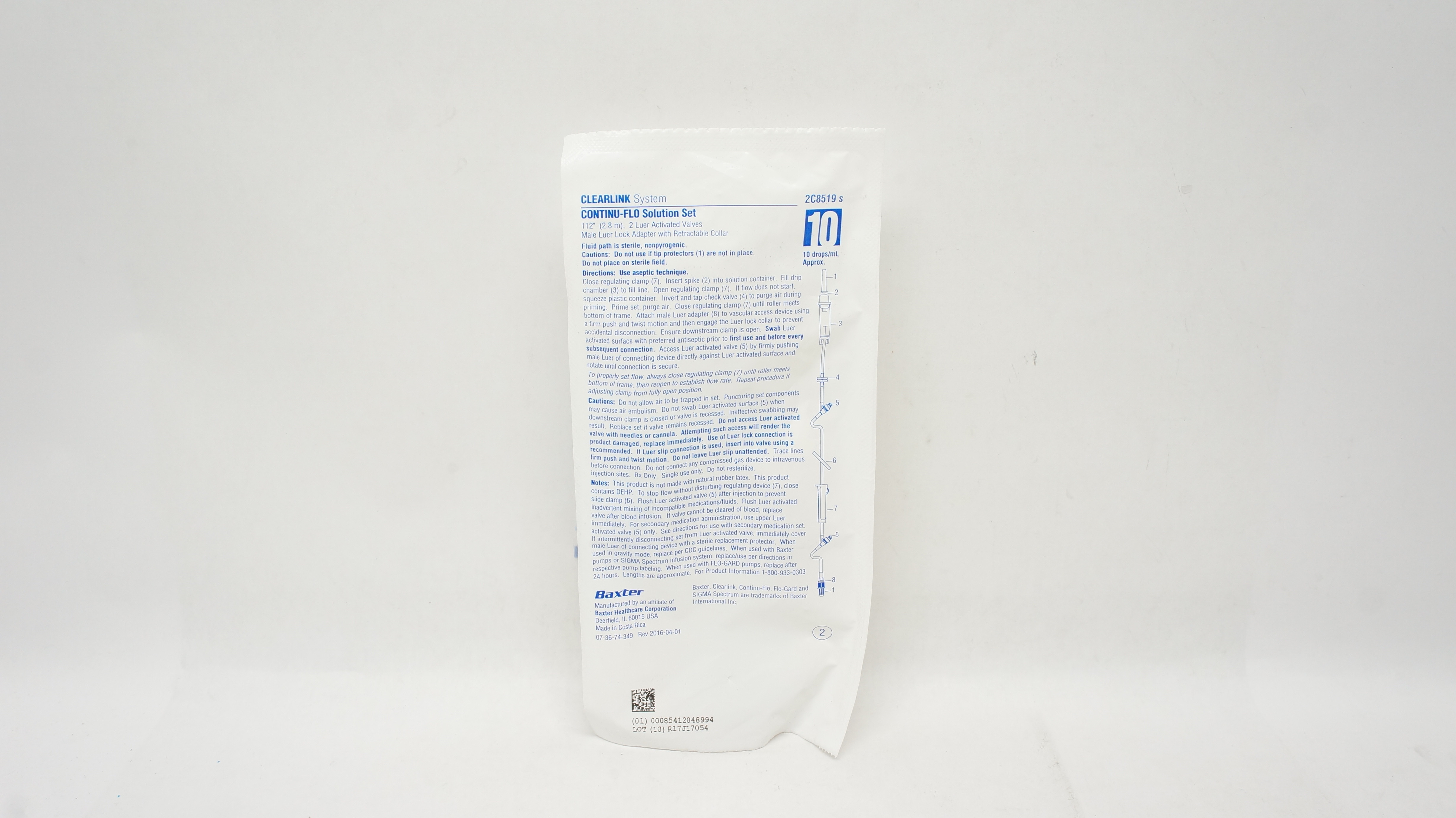 Baxter 2C8519s Clearlink System CONTINU-FLO Solution Set 112inch 10drops/mL