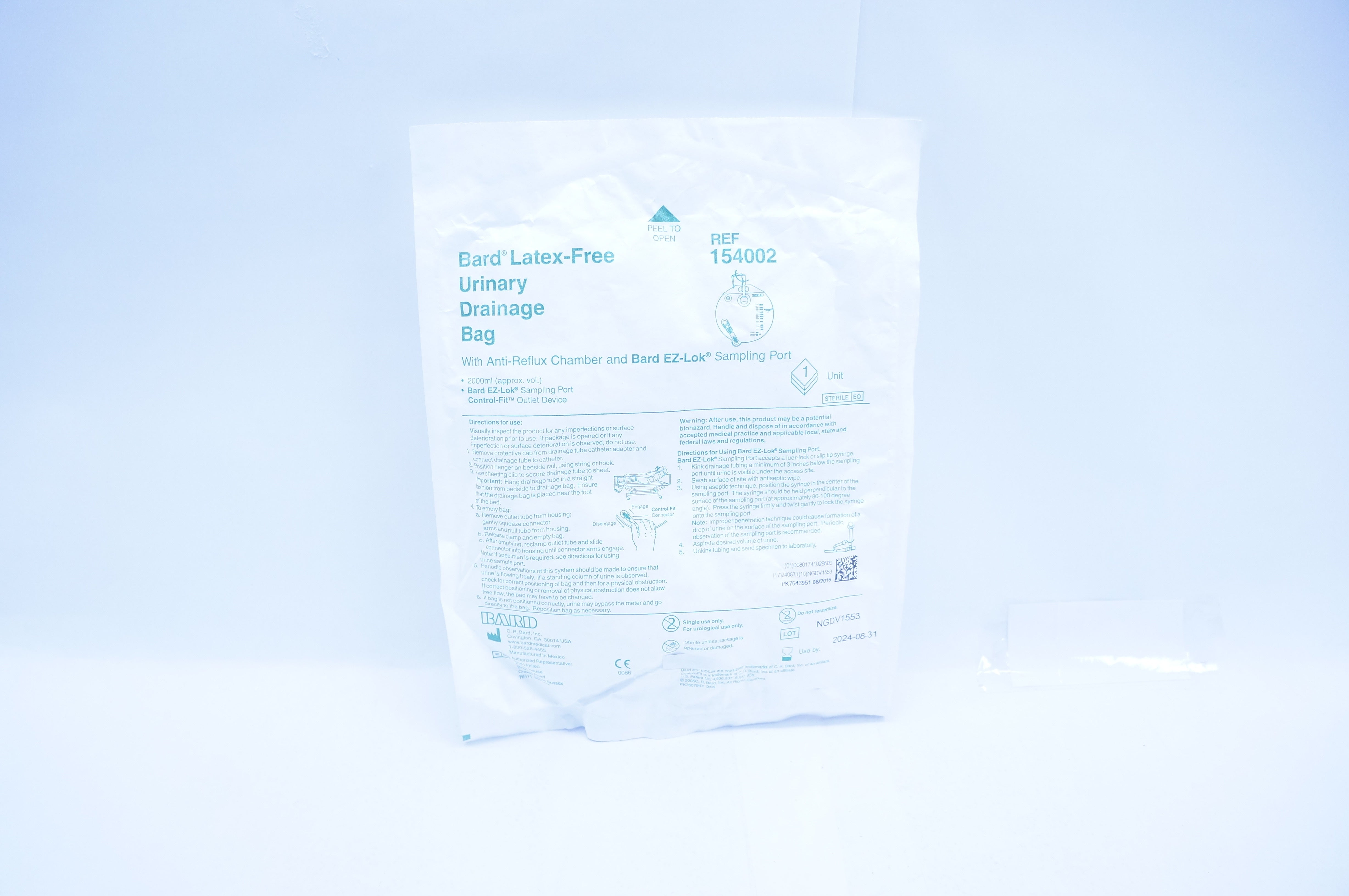 Bard 154002 Latex-Free Urinary Drainage Bag w/Anti-Reflux Chamber & Port 2000ml