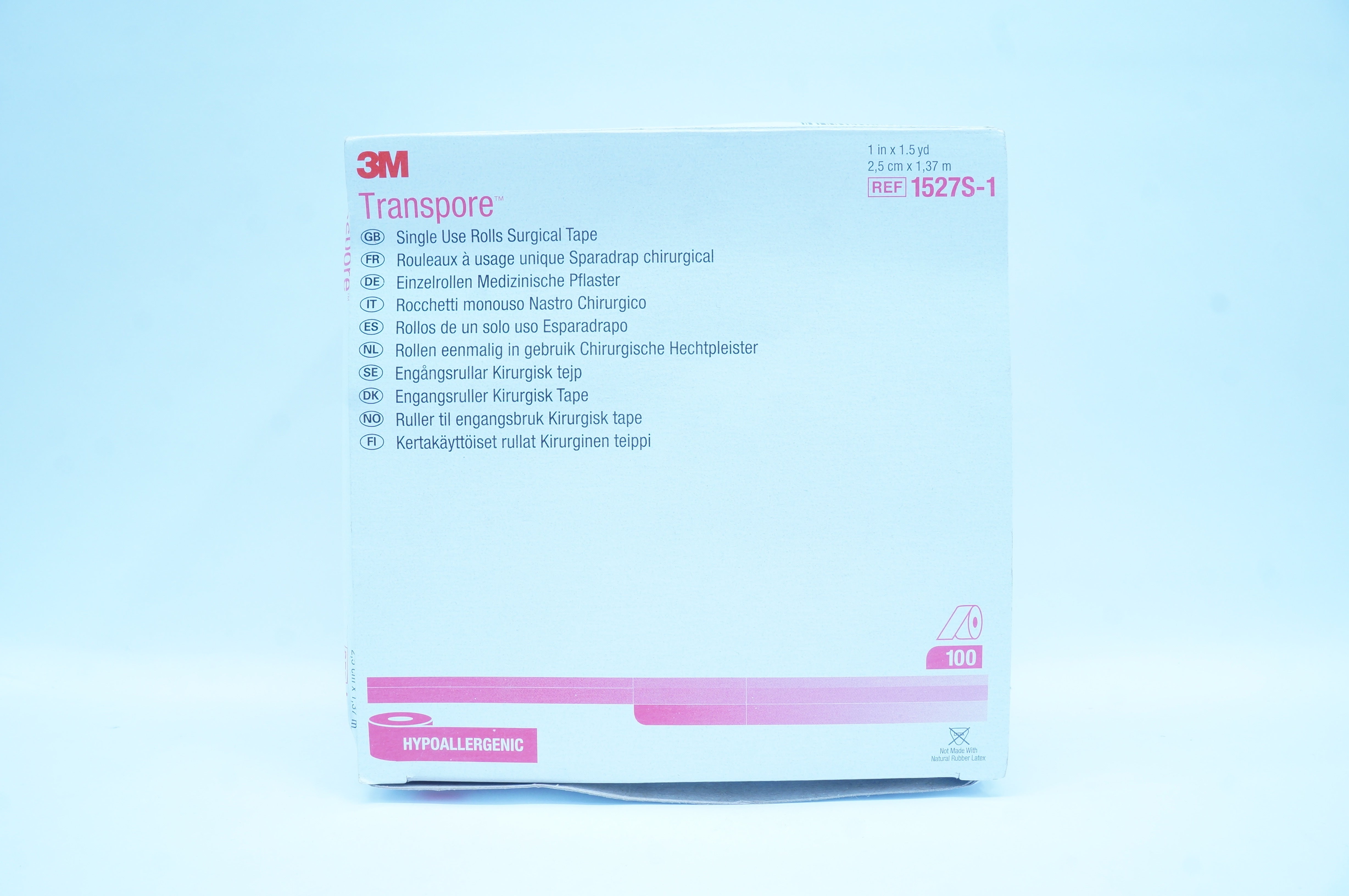 3M 1527S-1 Transpore Single Use Rolls Surgical Tape 1inch x 1.5yd - Box of 37