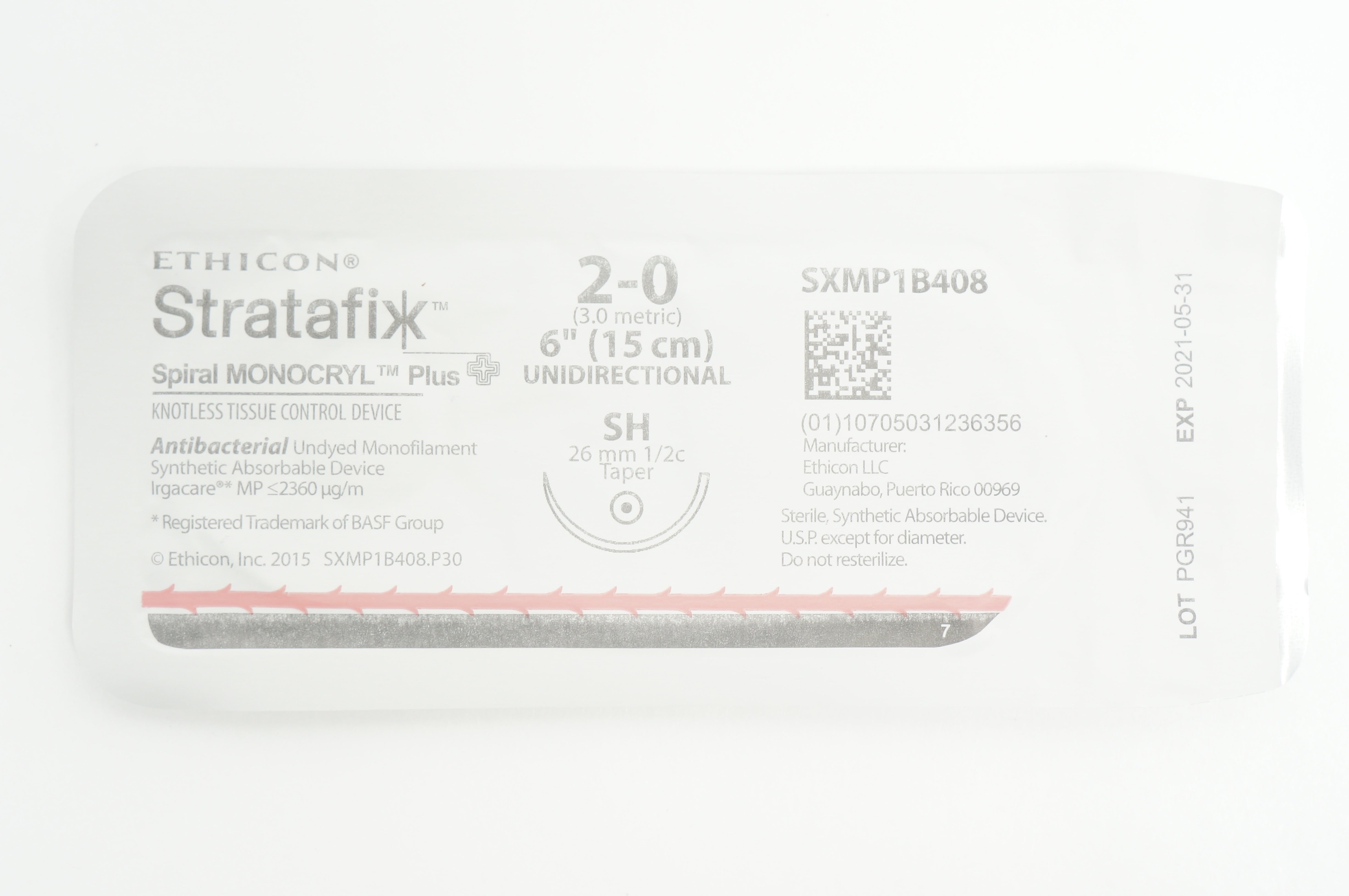 Ethicon SXMP1B408 2-0 STRATAFIX Spiral MONOCRYL SH 26mm 1/2c Taper, 6inch