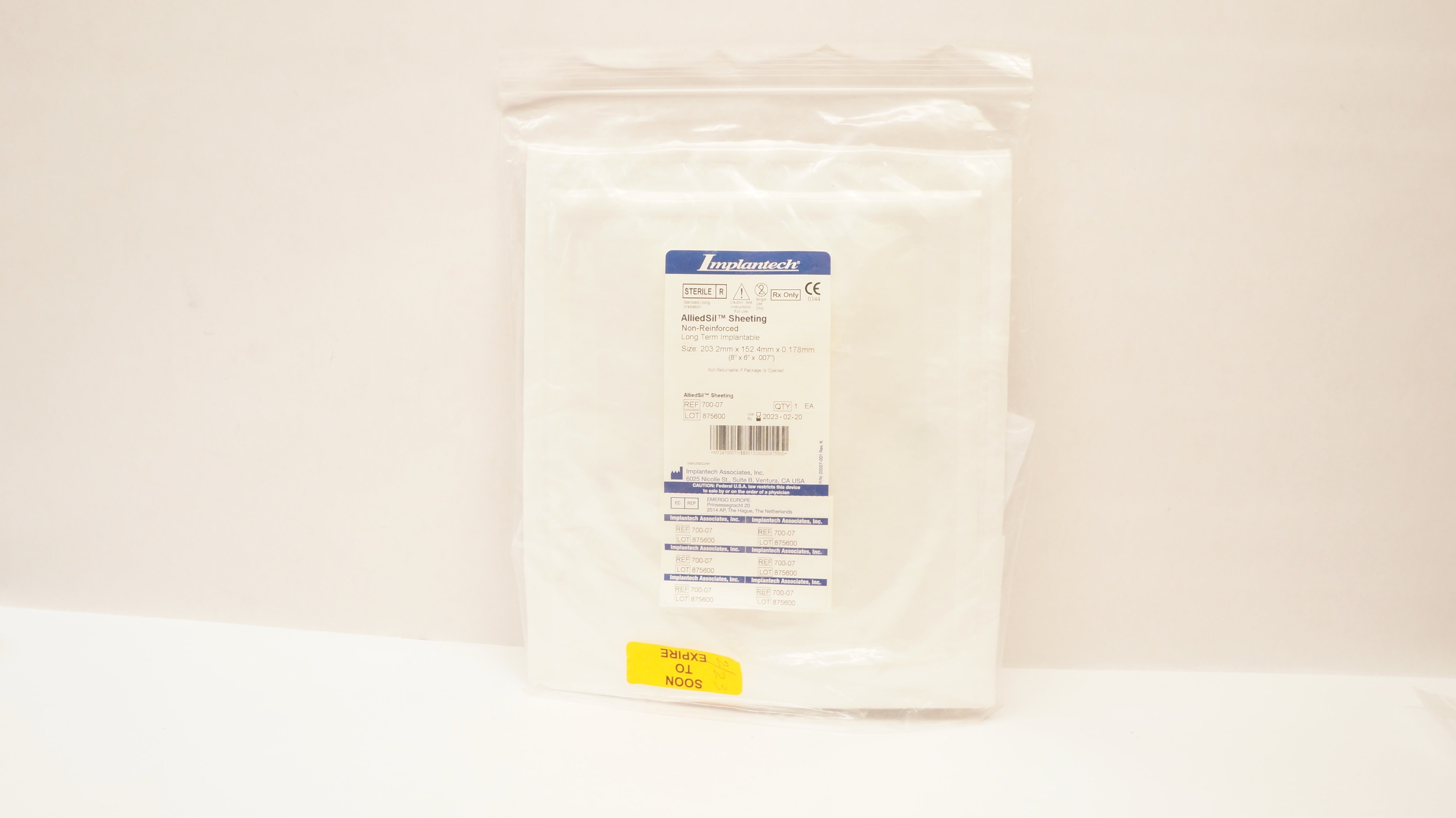 Implantech 700-07 AlliedSil Sheeting Non-Reinforced 8inch x 6inch x .007inch (x)