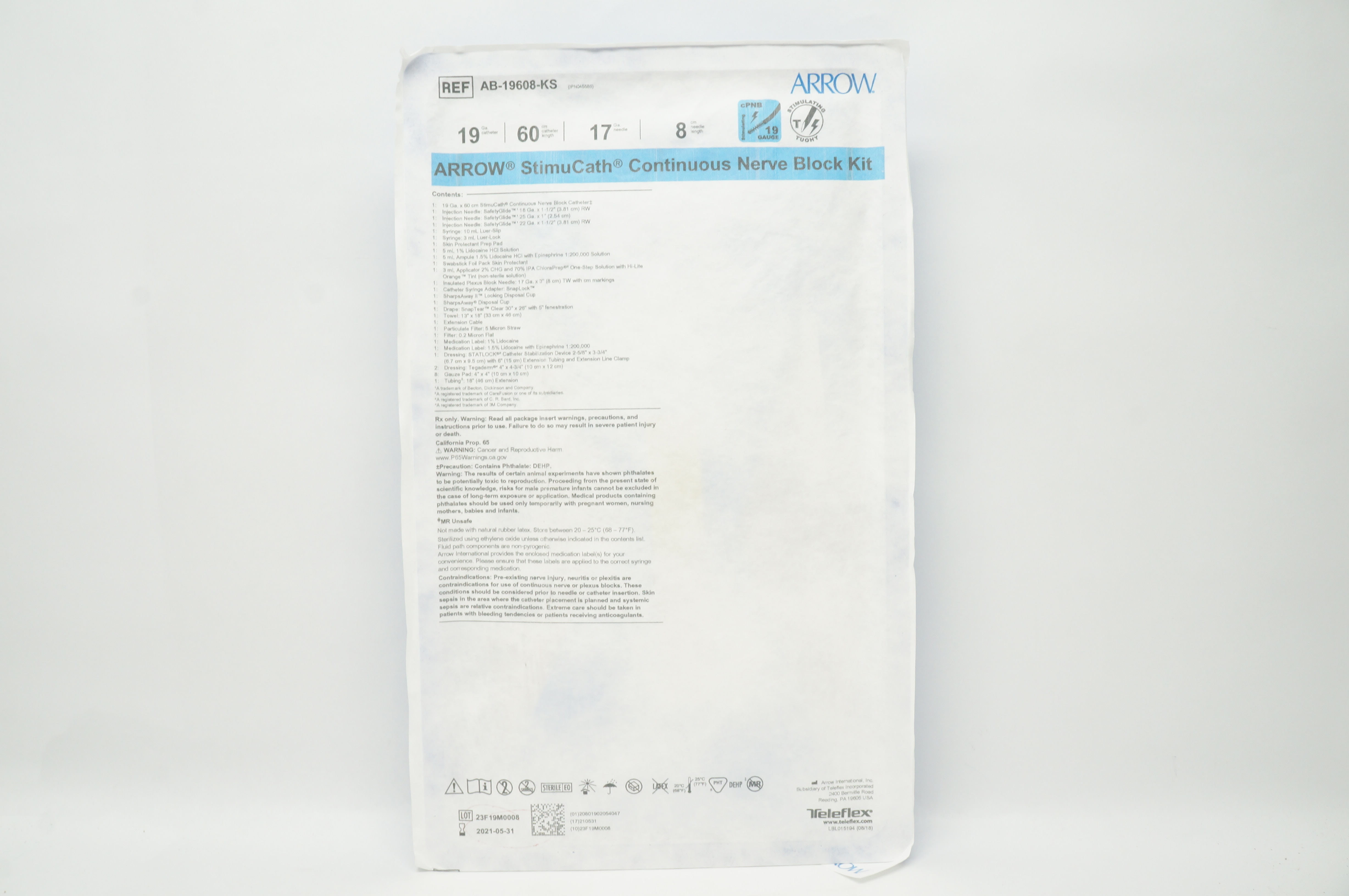 Teleflex AB-19608-KS Arrow StimuCath Continuous Nerve Block Kit 19Ga x 60cm (x)