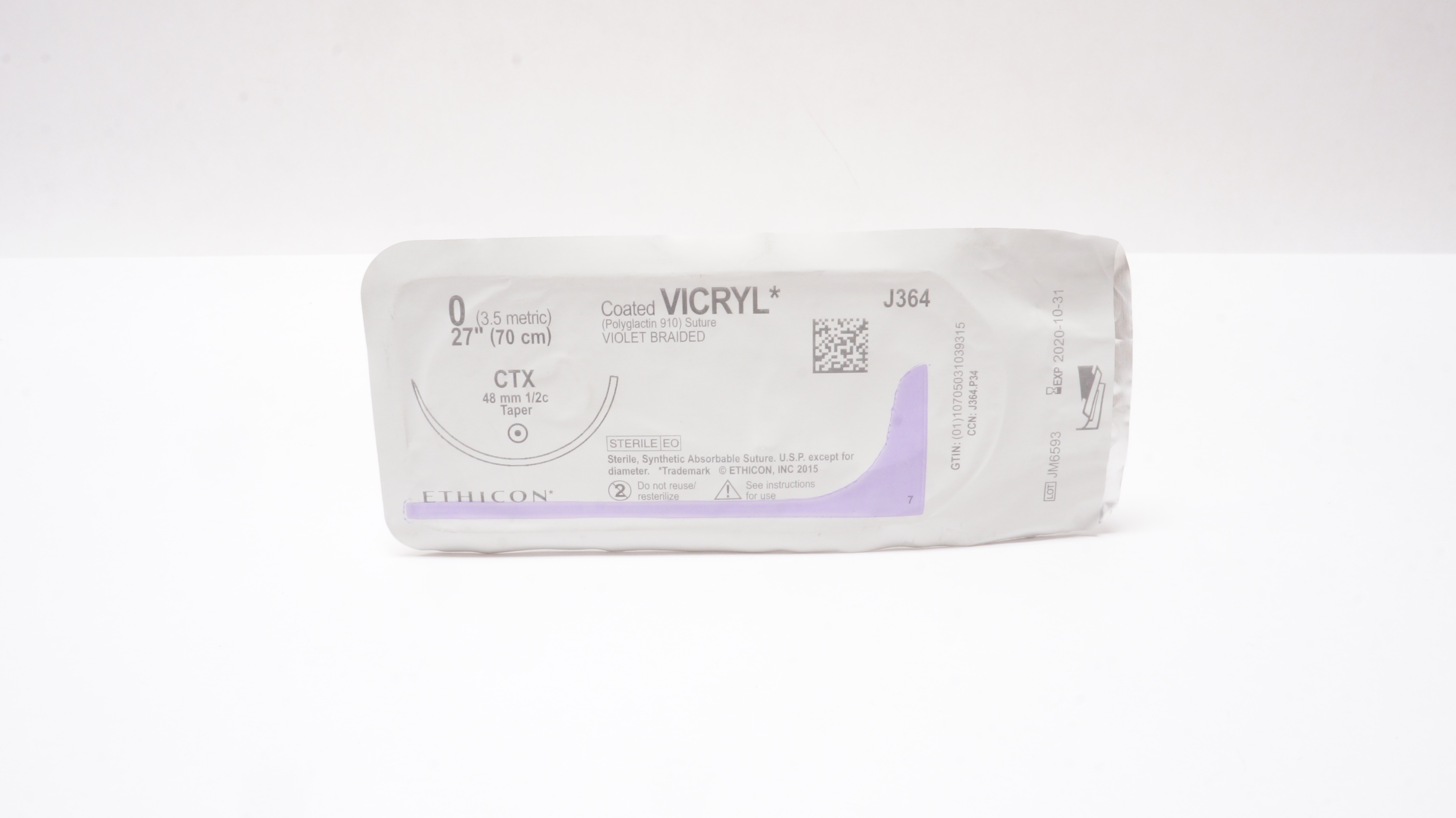 Ethicon J364 0 Coated Vicryl Violet 27inch Stre., CTX 48mm 1/2c Taper Ndle.(x)