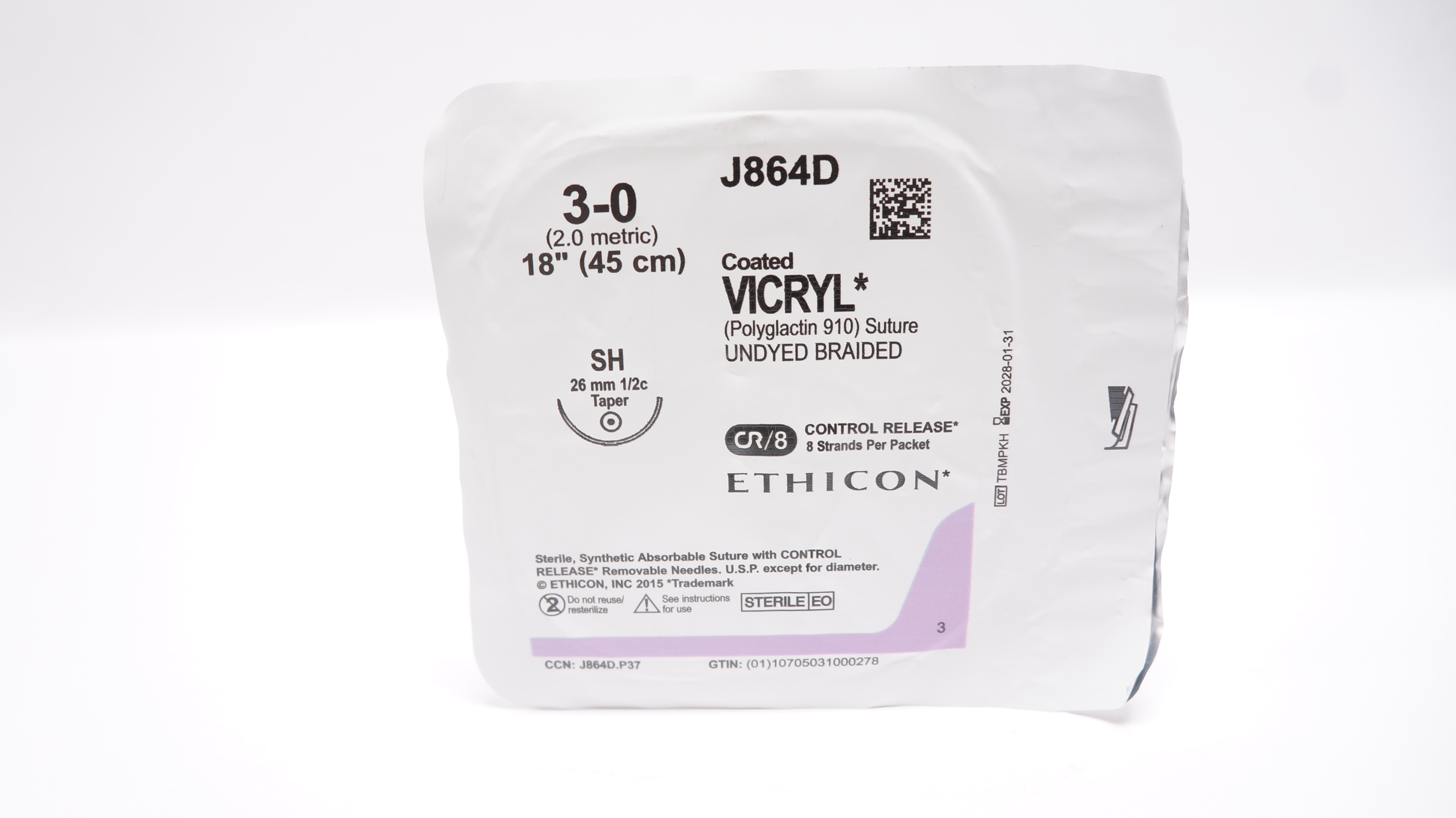 Ethicon J864D 3-0 Coated VICRYL Undyed Braided Stre SH 26mm 1/2c Taper 18inch
