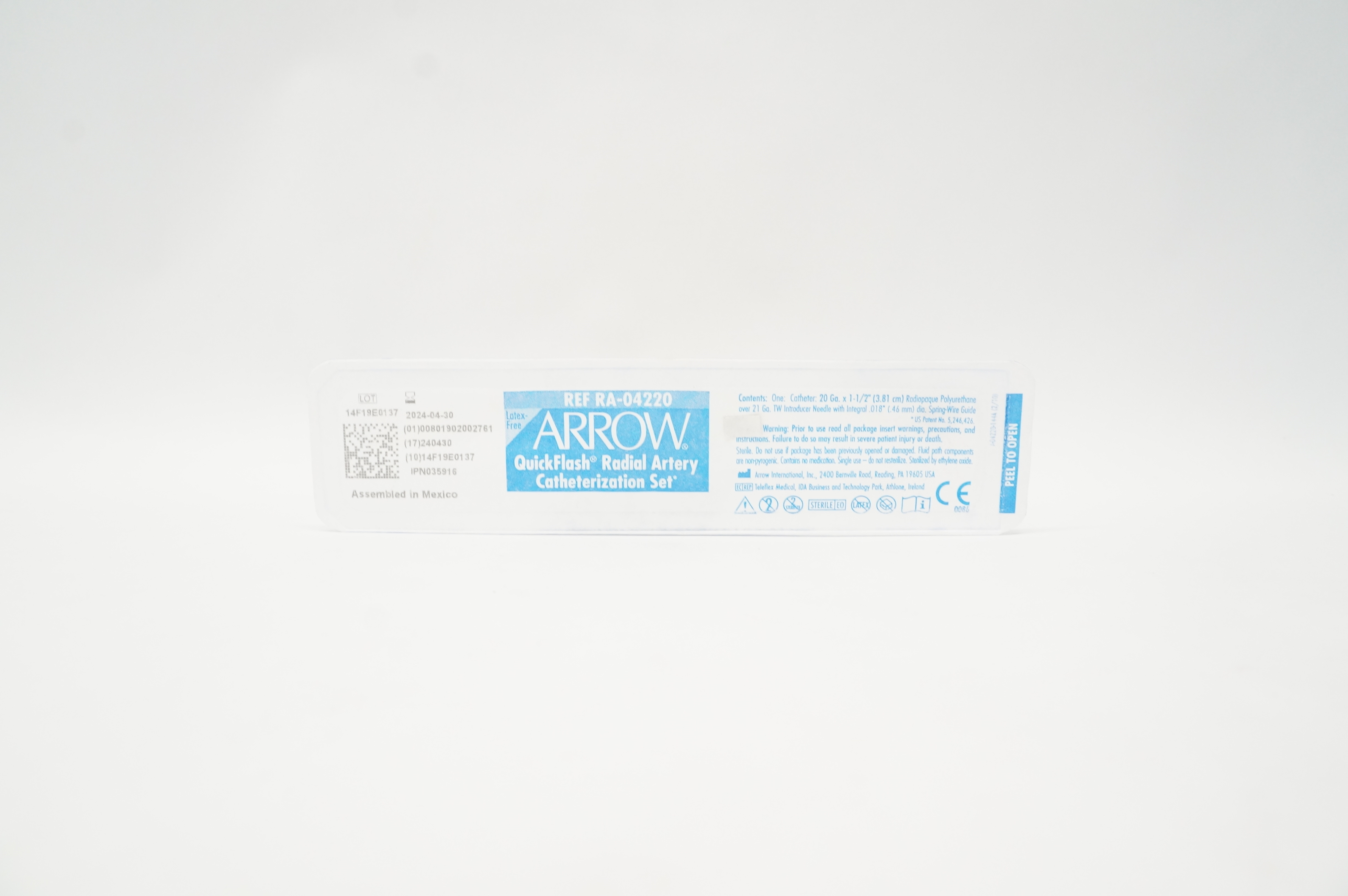 Arrow RA-04220 QuickFlash Radial Artery Catheterization Set 20Ga x 1 1/2inch