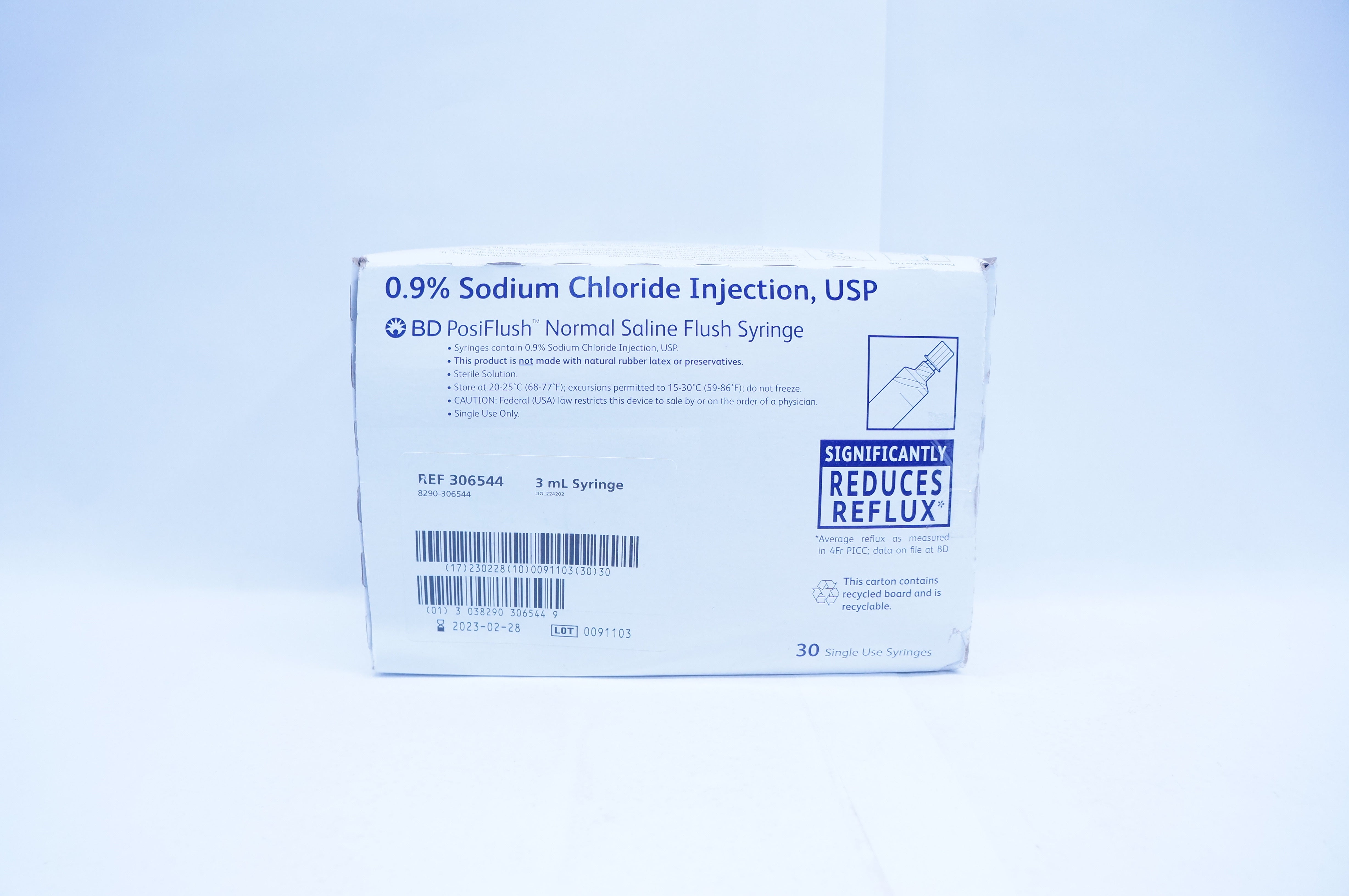 BD 306544 PosiFlush Saline Flush Syringe 3mL 0.9% Sodium Chloride - Box of 29
