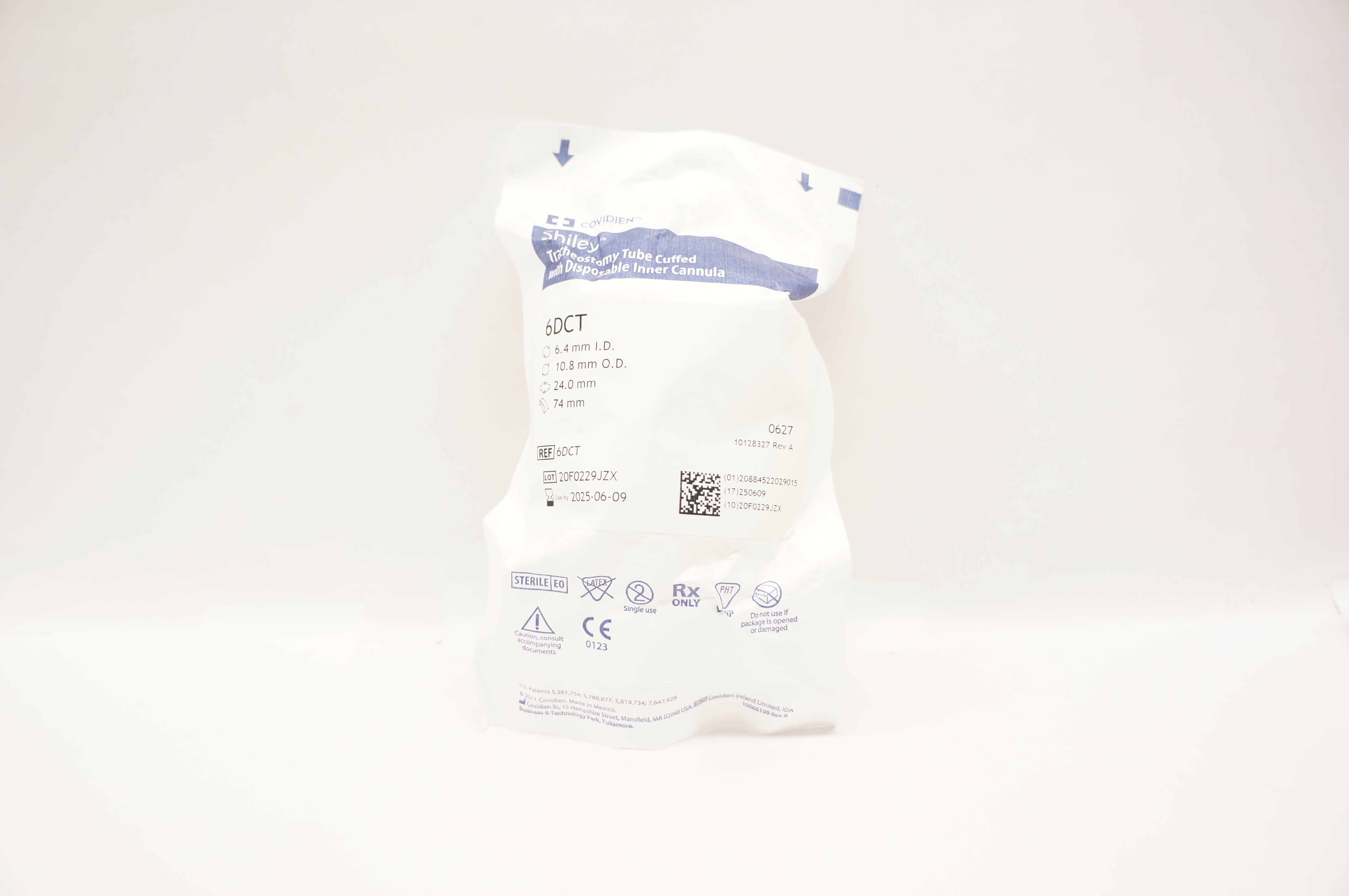 Covidien 6DCT Shiley Tracheostomy Tube Cuffed 6.4mm ID x 10.8mm OD x 24.0 x 74mm