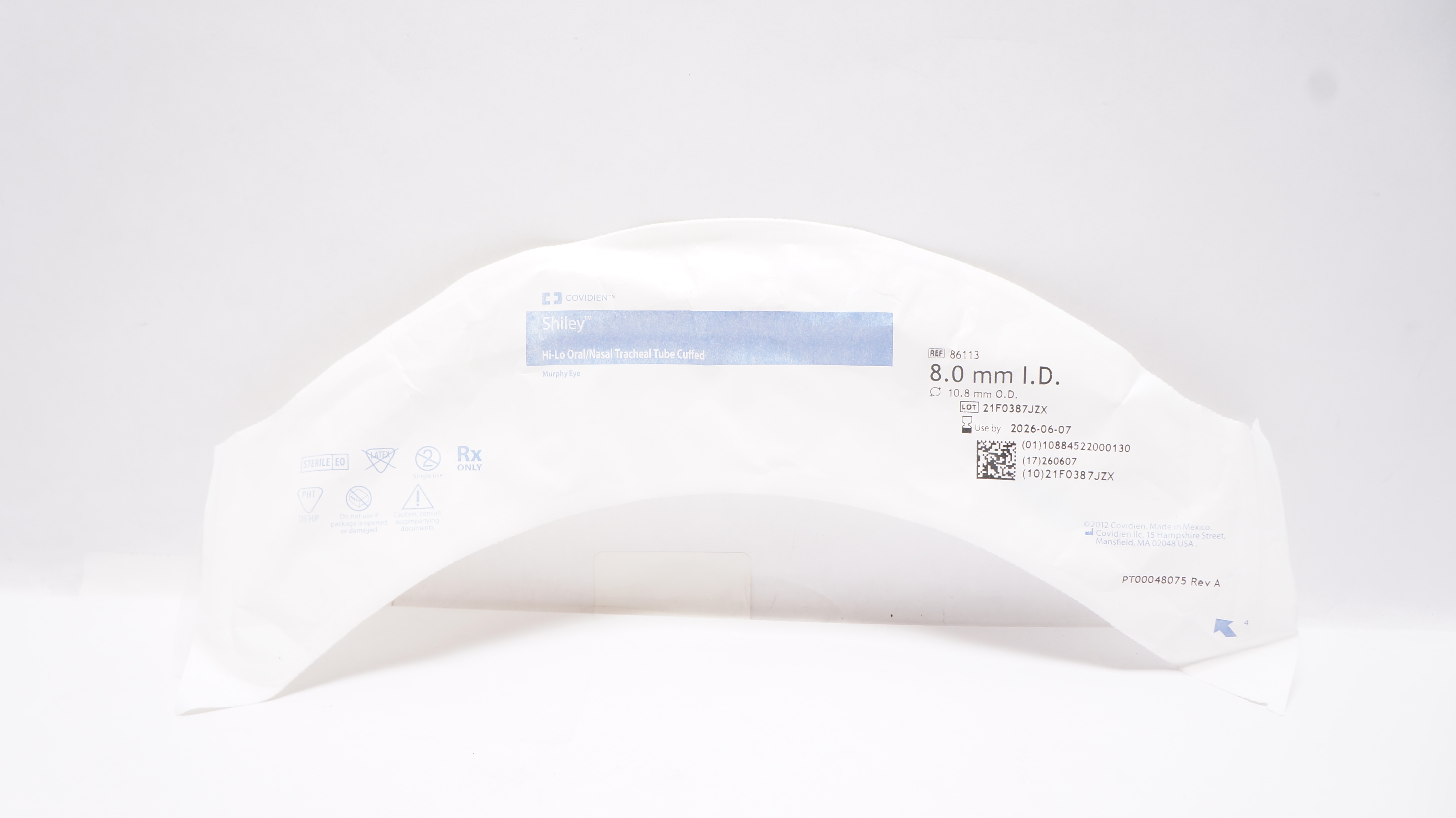 Covidien 86113 Shiley Hi-Lo Oral/Nasal Tracheal Tube Cuffed 8.0mm ID x 10.8mm OD