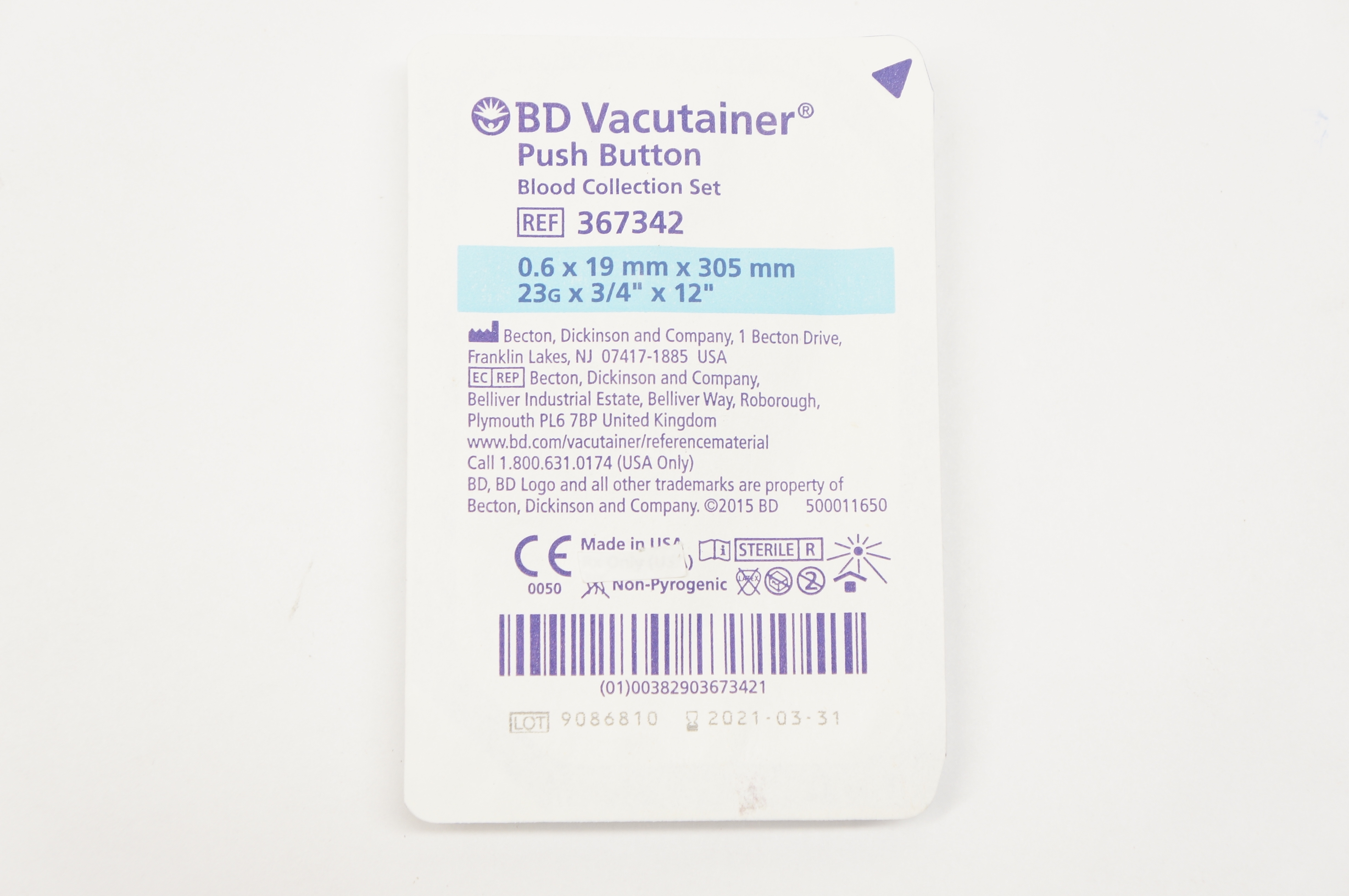 BD 367342 Vacutainer Push Button Blood Collection Set 23G x 3/4inch x 12inch