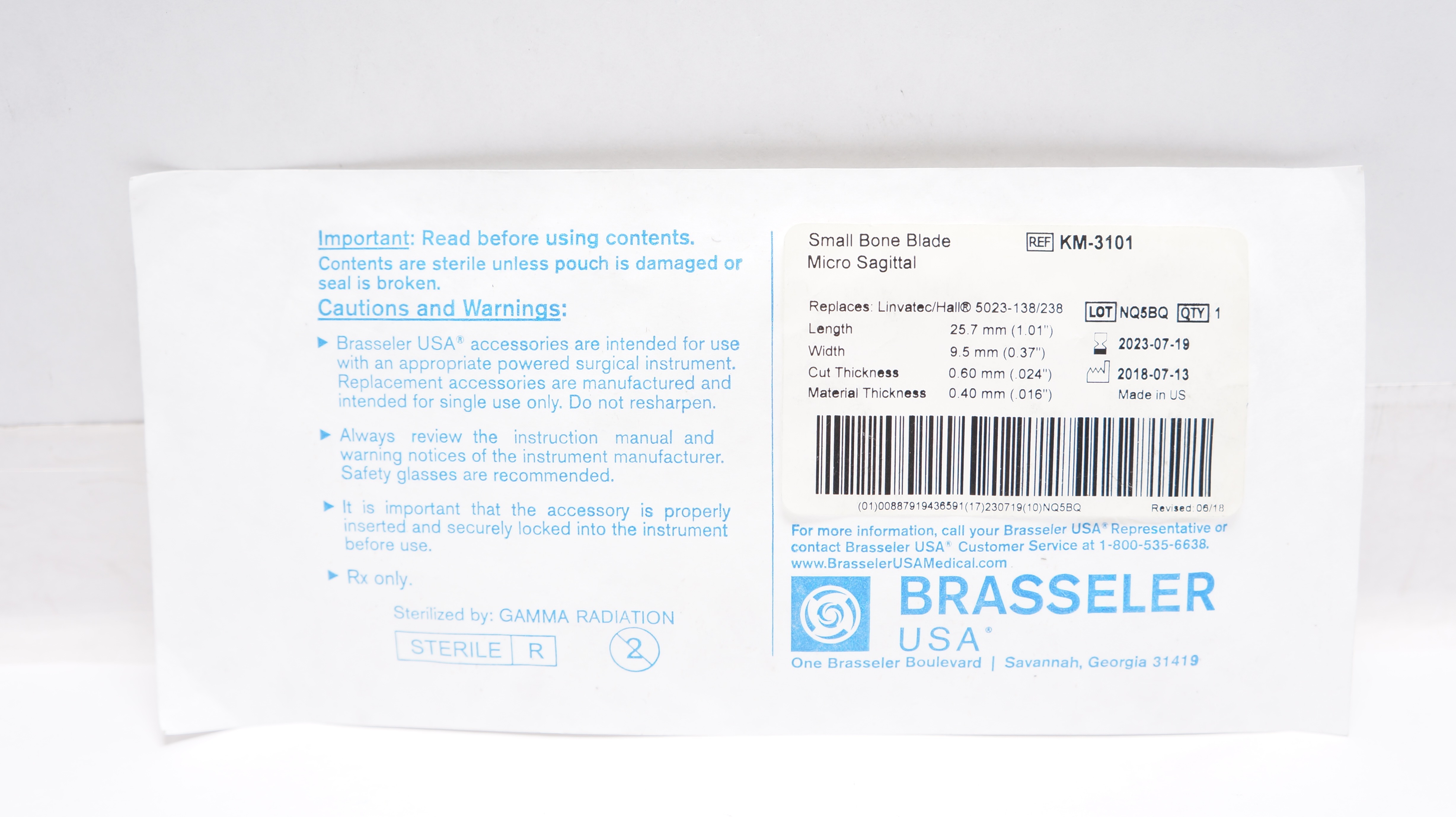 Brasseler KM-3101 Small Bone Blade Micro Sagittal 1.01 inch x 0.37 inch (x)