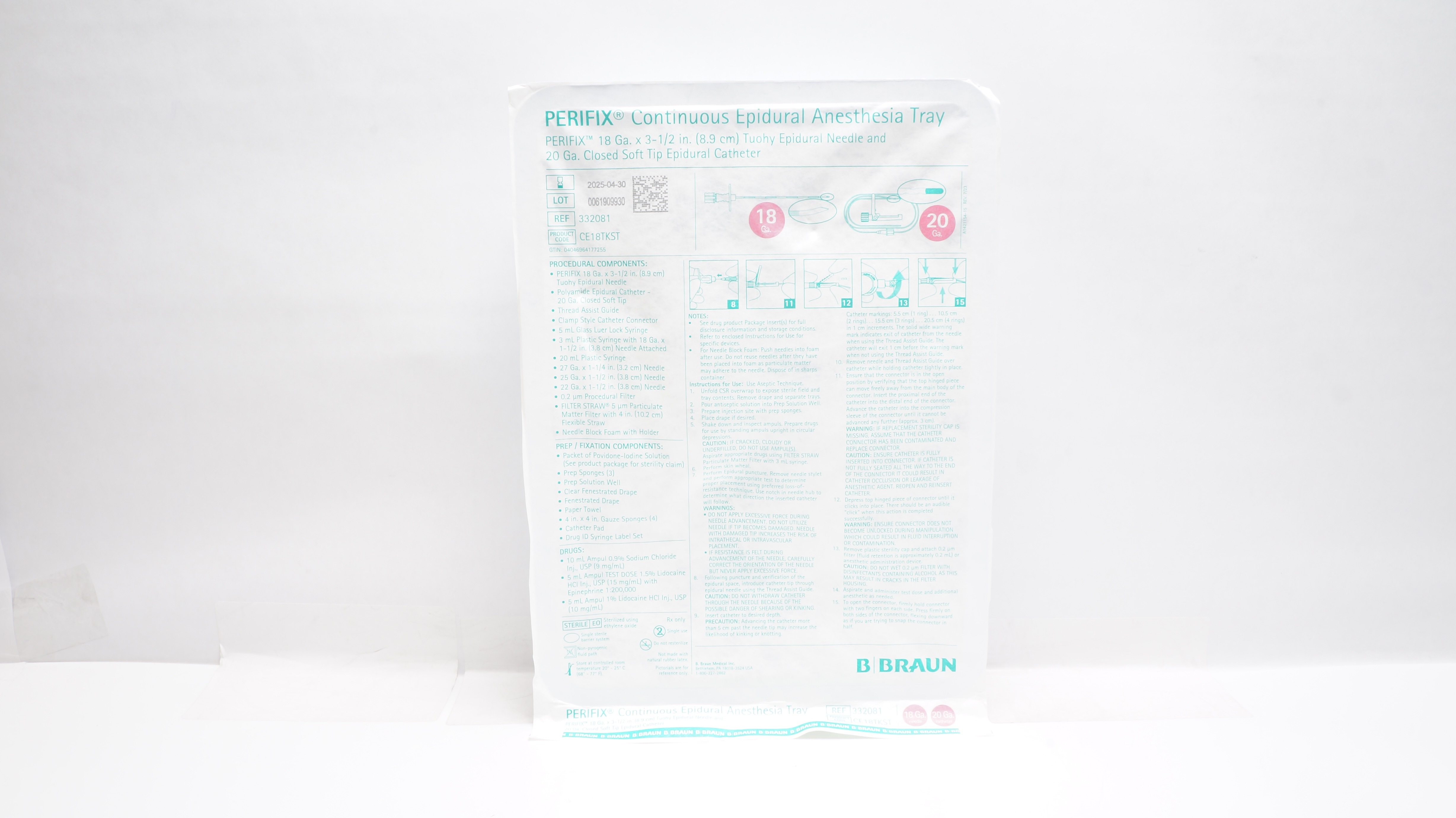 Braun 332081 Perifix Continuous Epidural Anesthesia Tray 18Ga x 3-1/2inch Ndle