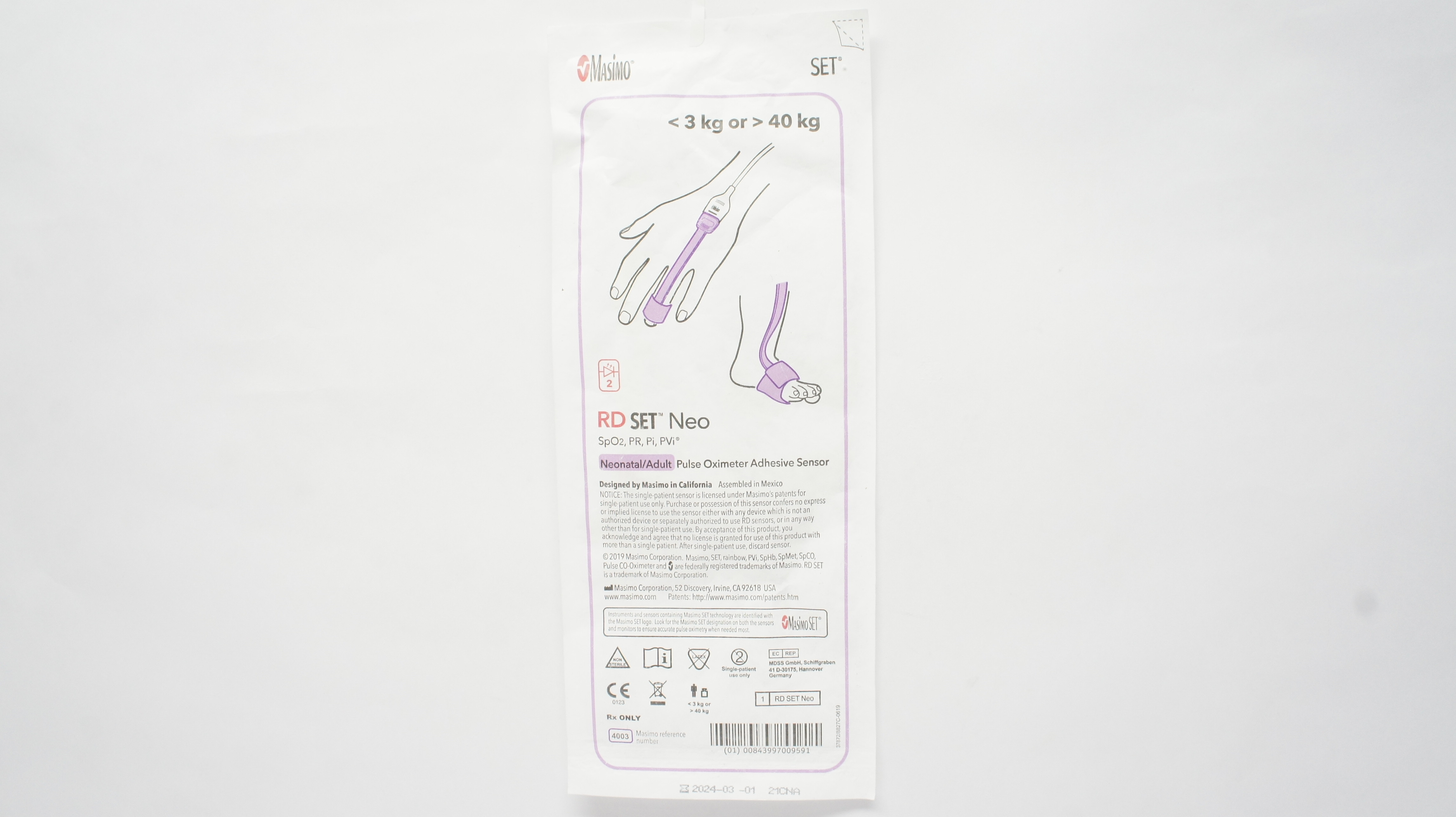 Masimo 4003 RD SET Neonatal/Adult Pulse Oximeter Adhesive Sensor <3kg or>40kg