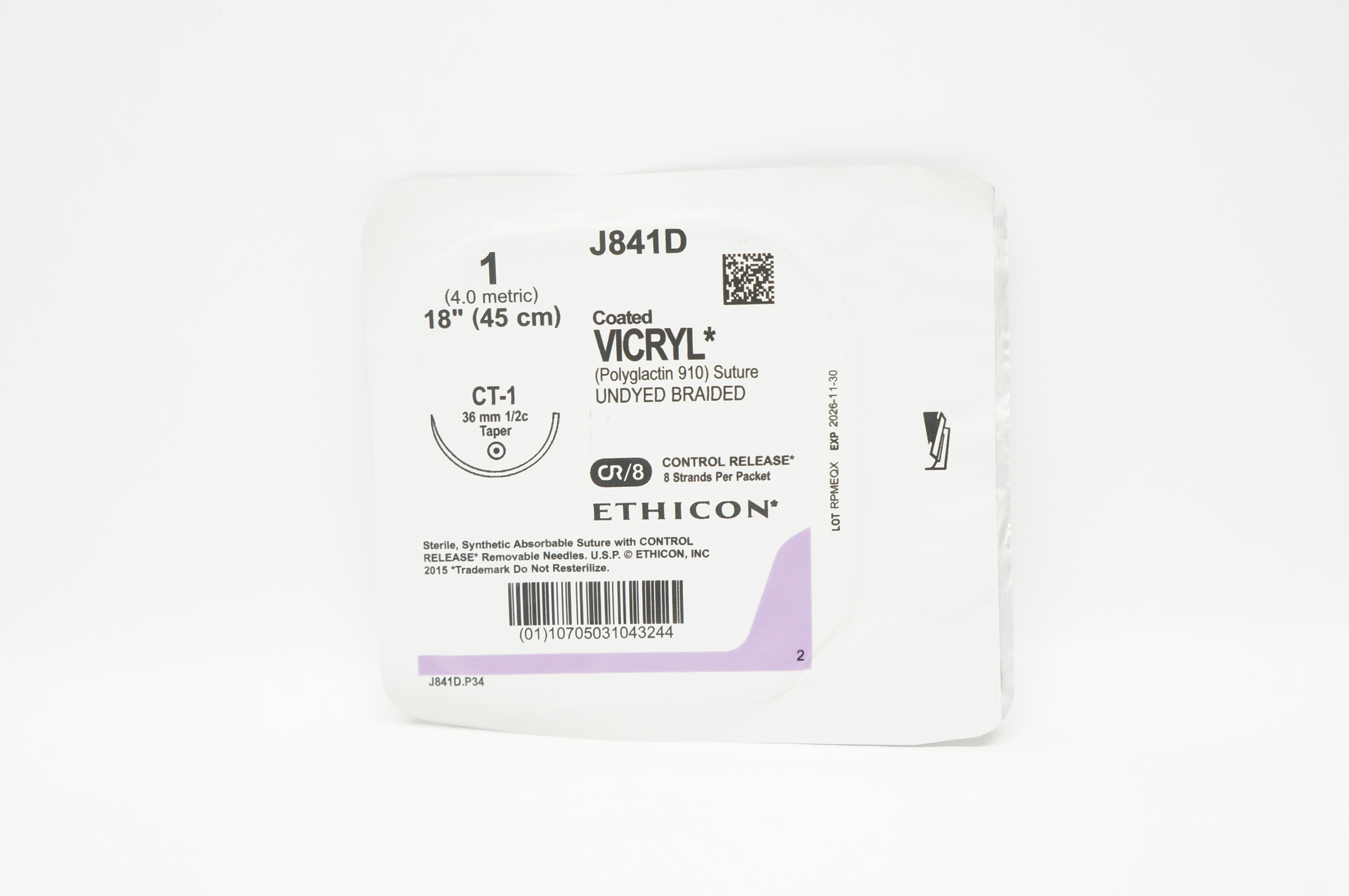 Ethicon J841D 1 Coated VICRYL Polyglactin Stre CT-1 36mm 1/2c Taper 18inch