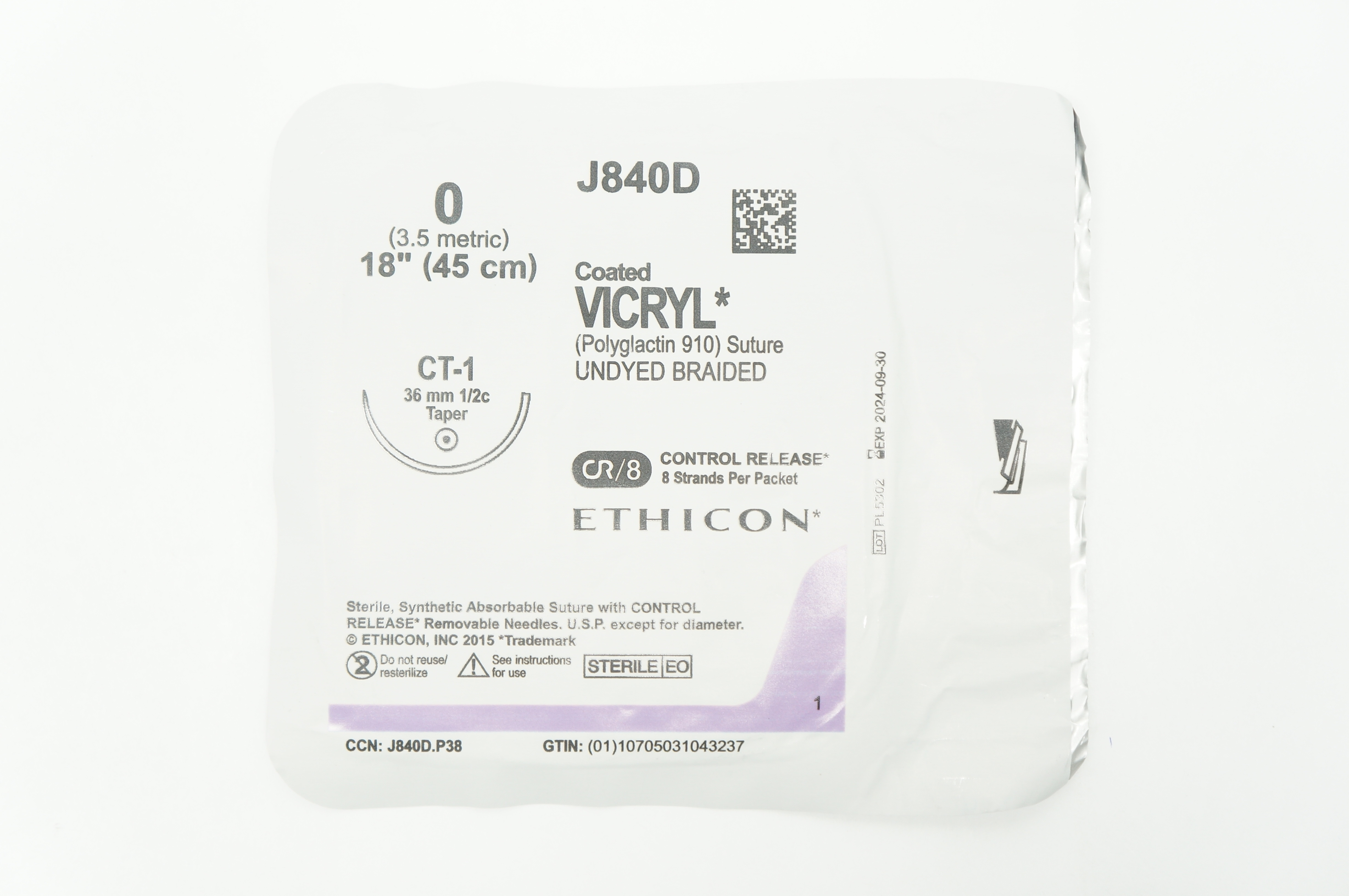 Ethicon J840D 0 Coated VICRYL CT-1 36mm 1/2c Taper 18inch