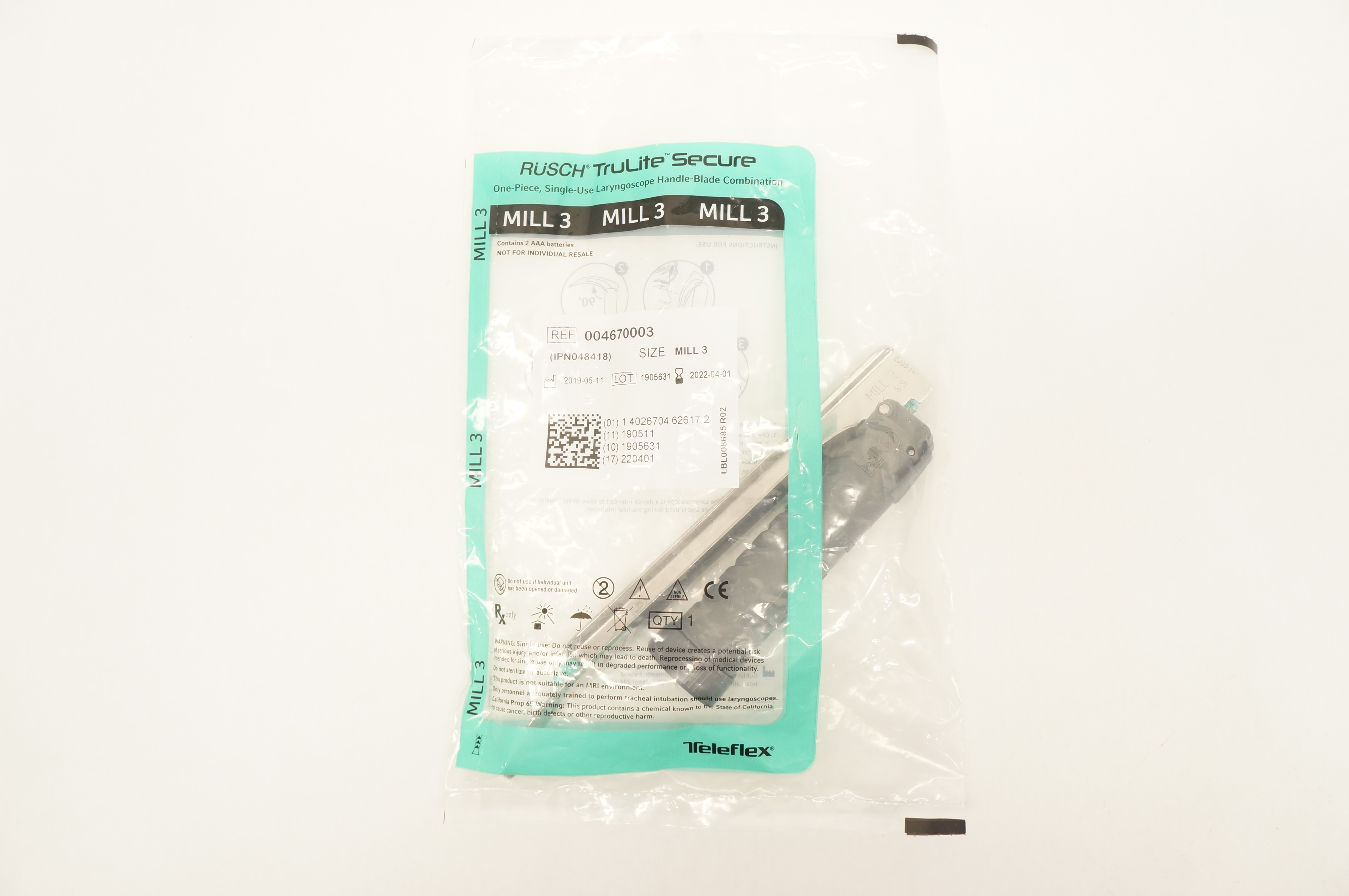 Teleflex 004670003 TruLite Secure Laryngoscope Handle-Blade Combination Mill3(x)