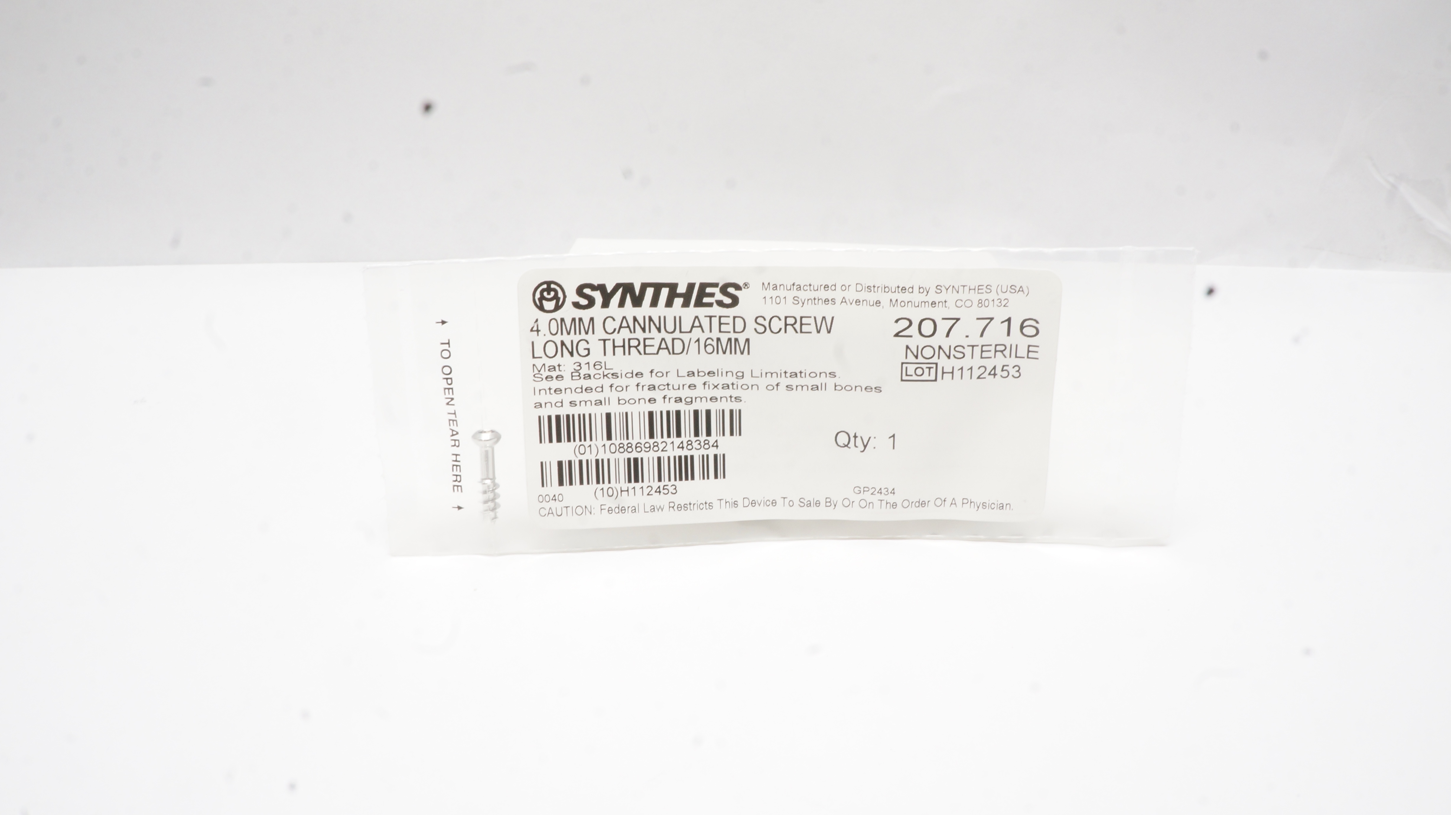 Synthes 207.716 4.0mm Cannulated Screw Long Thread/16mm