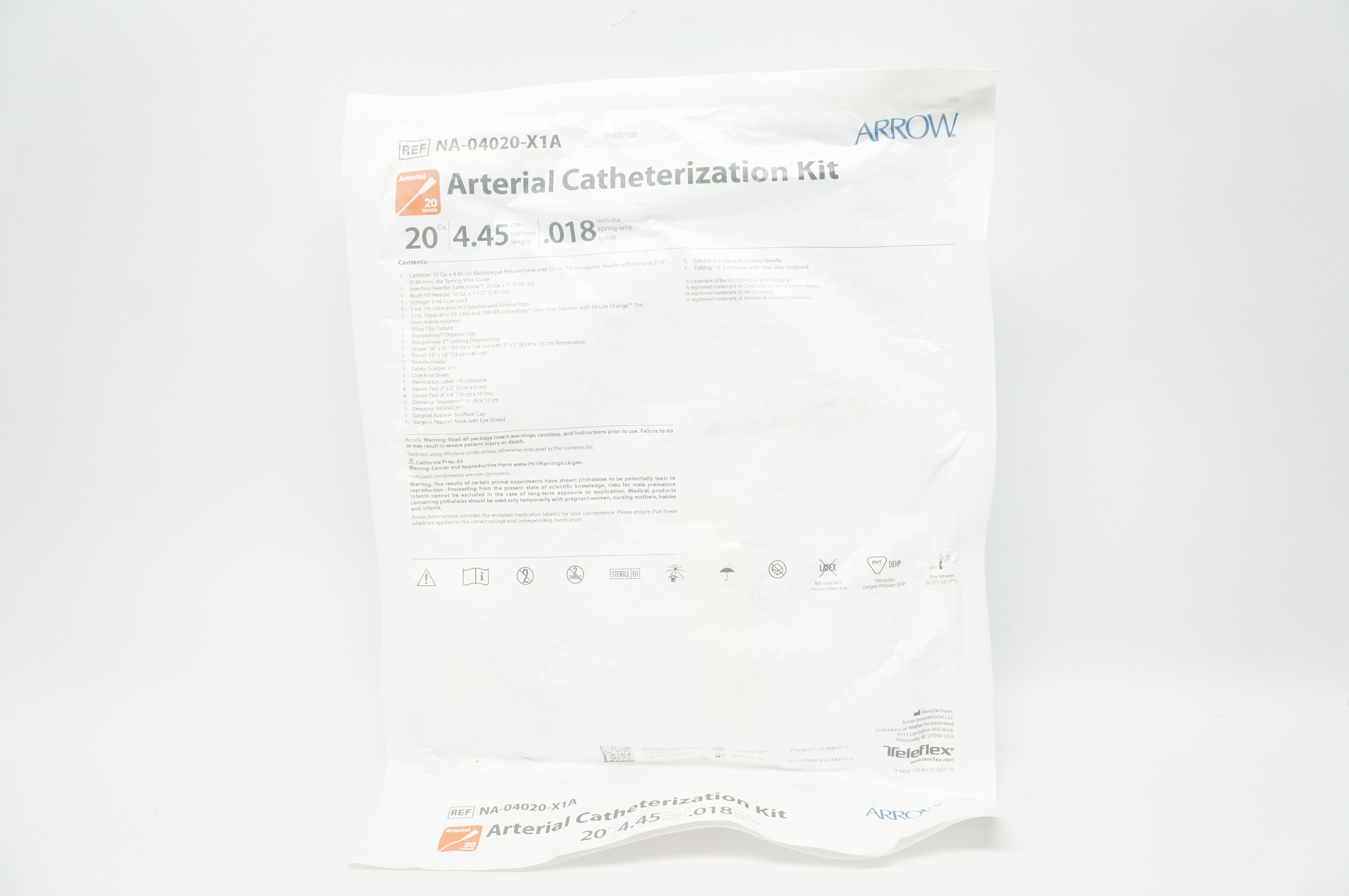 Arrow NA-04020-X1A  Arterial Catheterization Kit 20Ga x 4.45cm x 0.018inch