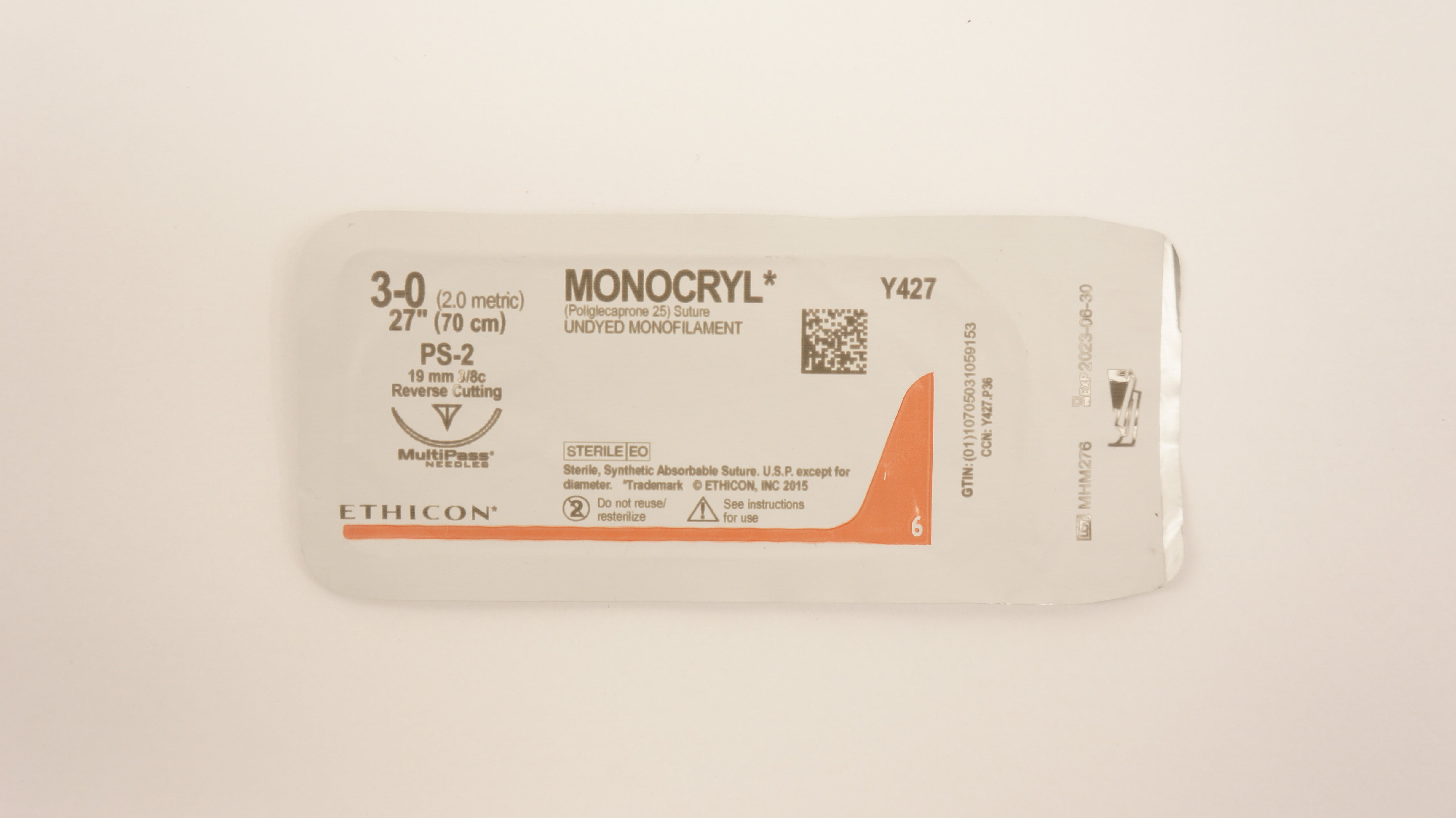 Ethicon Y427 3-0 Monocryl Stre Undyed PS-2 19mm 3/8c Reverse Cutting, 27inch