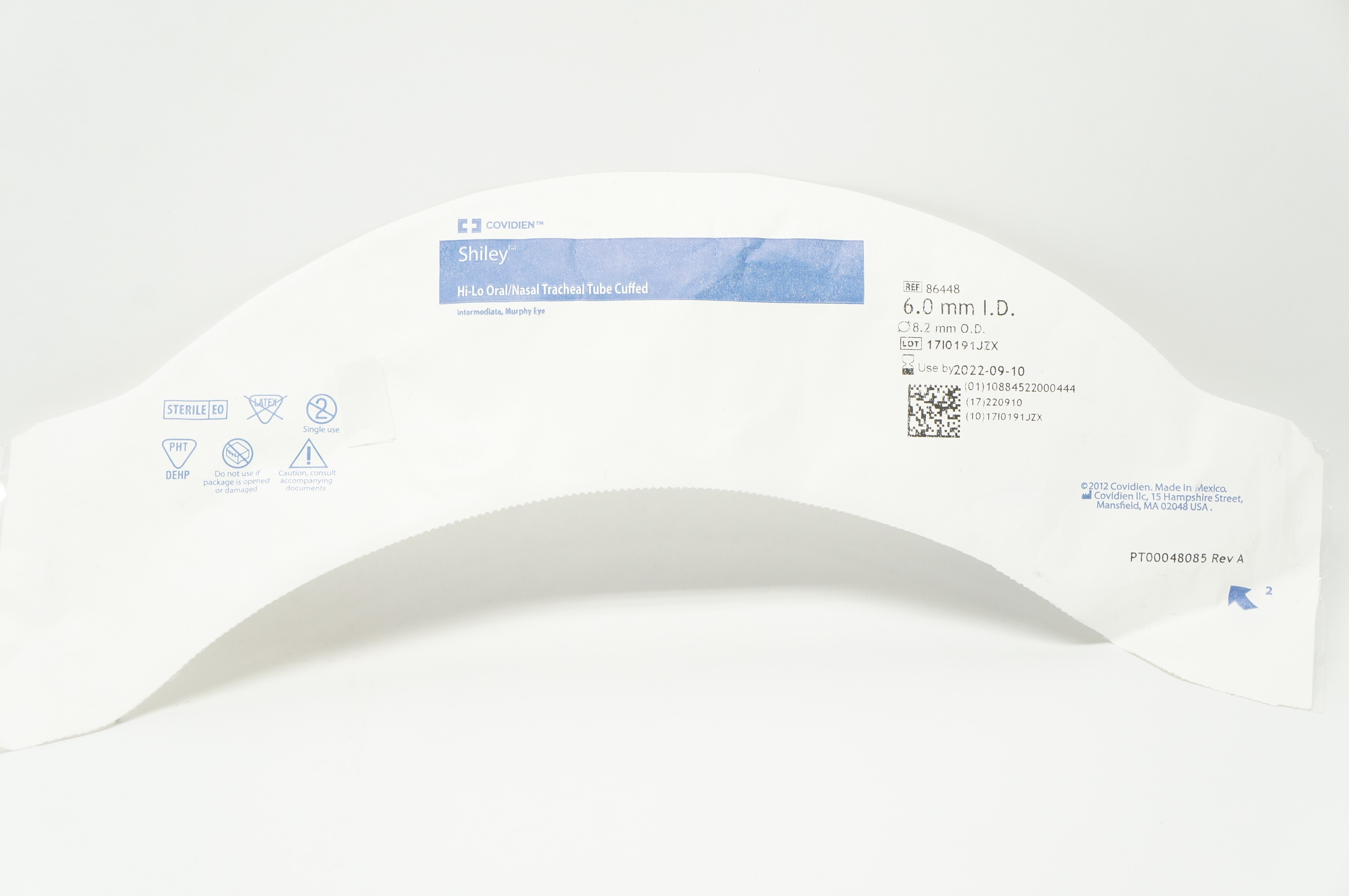 Covidien 86448 Shiley Hi-Lo Oral/Nasal Tracheal Tube Cuffed 6.0mm ID x 8.2mm OD