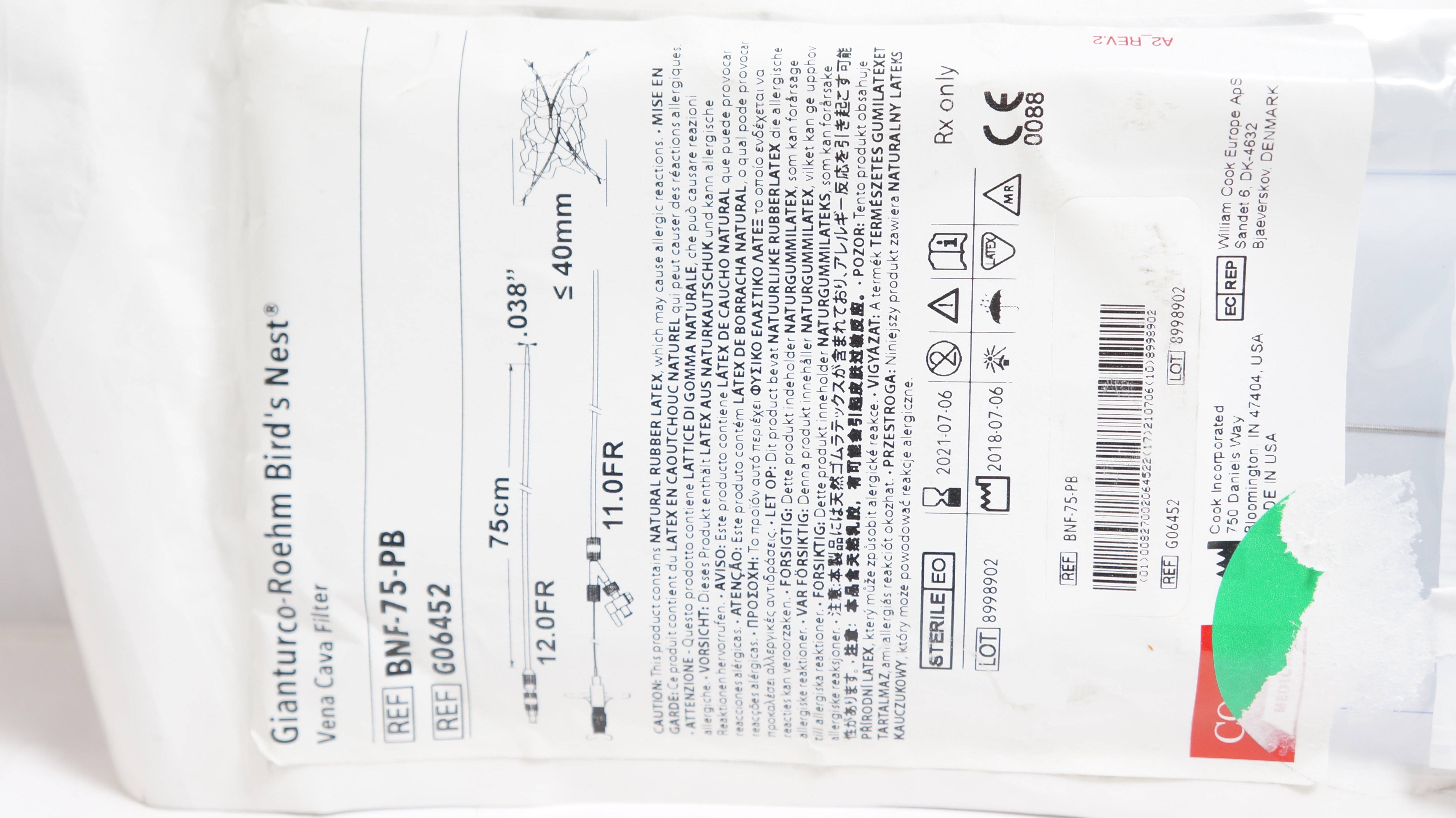 Cook Medical G06452 Gianturco-Roehm Bird's Nest Vena Cava Filter 12Fr x 75cm (x)