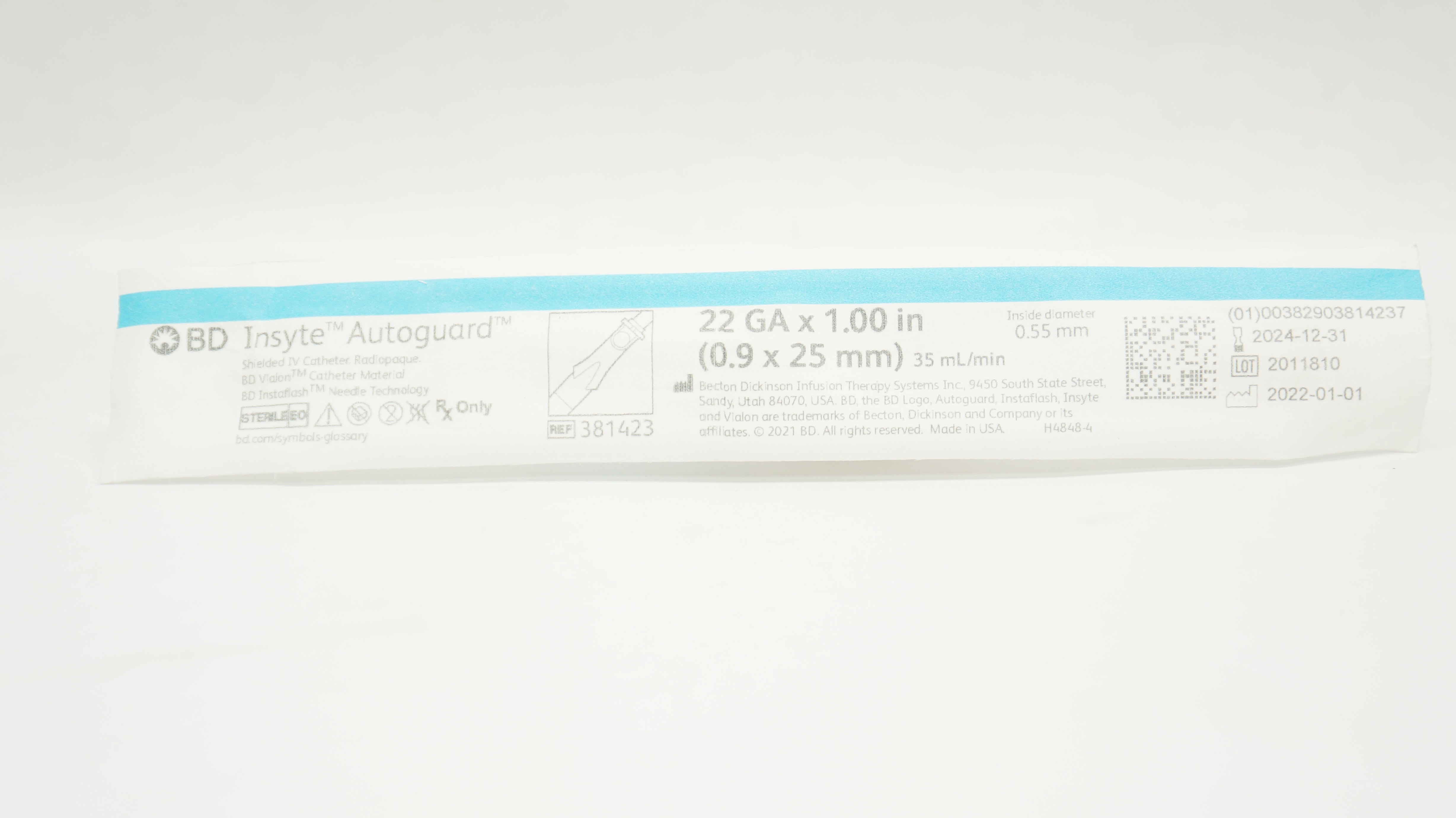 BD 381423 Insyte Autoguard Shielded IV Cath. Radiopaque 22 Ga x 1inch 35mL/min