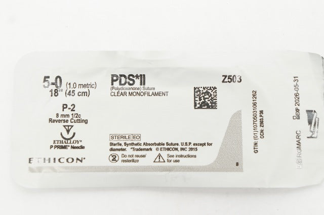 Ethicon Z503 PDS*II 5-0 Clear Monofilament P-2 8mm 1/2 Reverse Cutting 18In