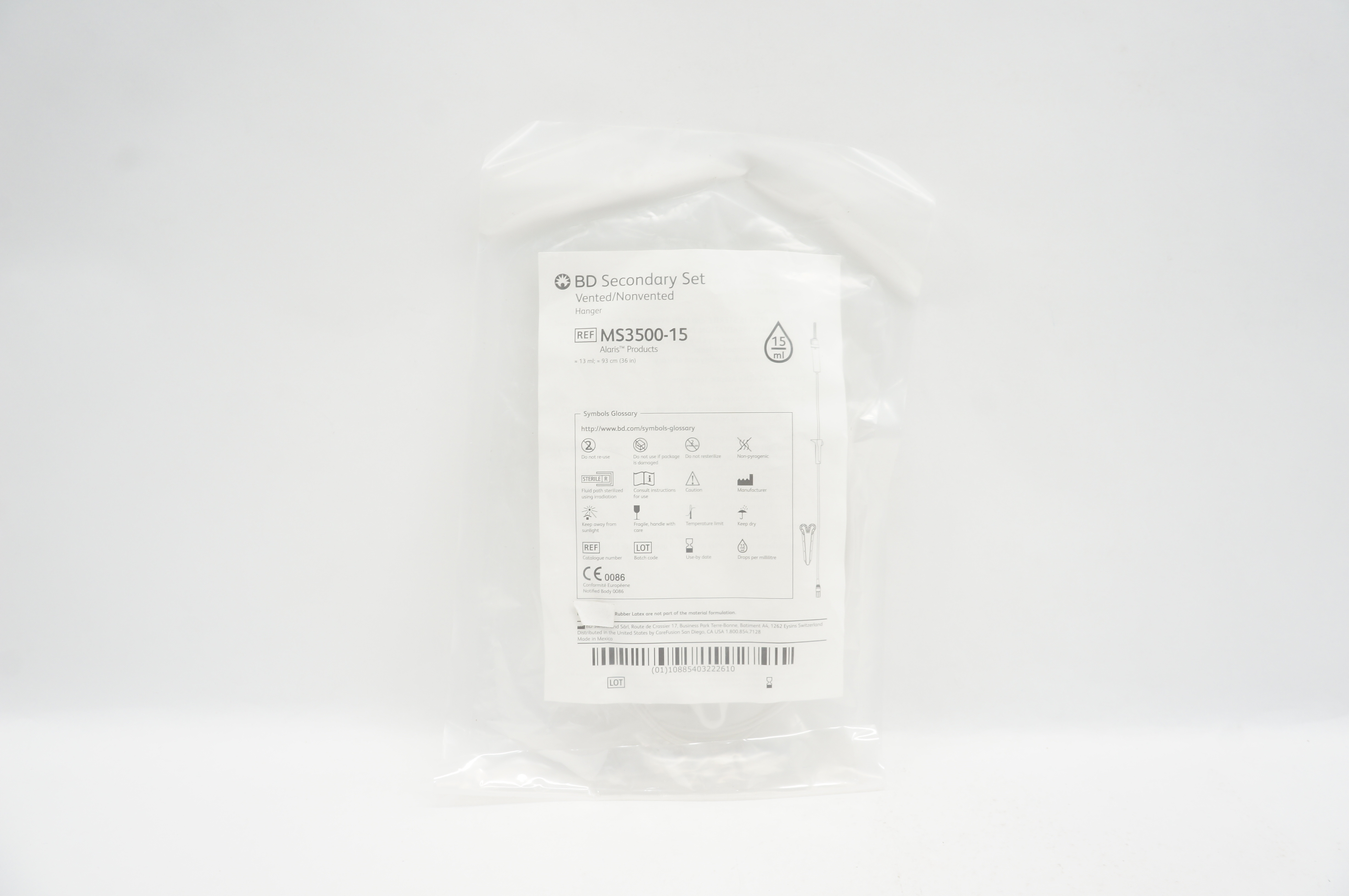 BD MS3500-15 Alaris Secondary Set Vented/Nonvented Hanger 15ml, 36inch