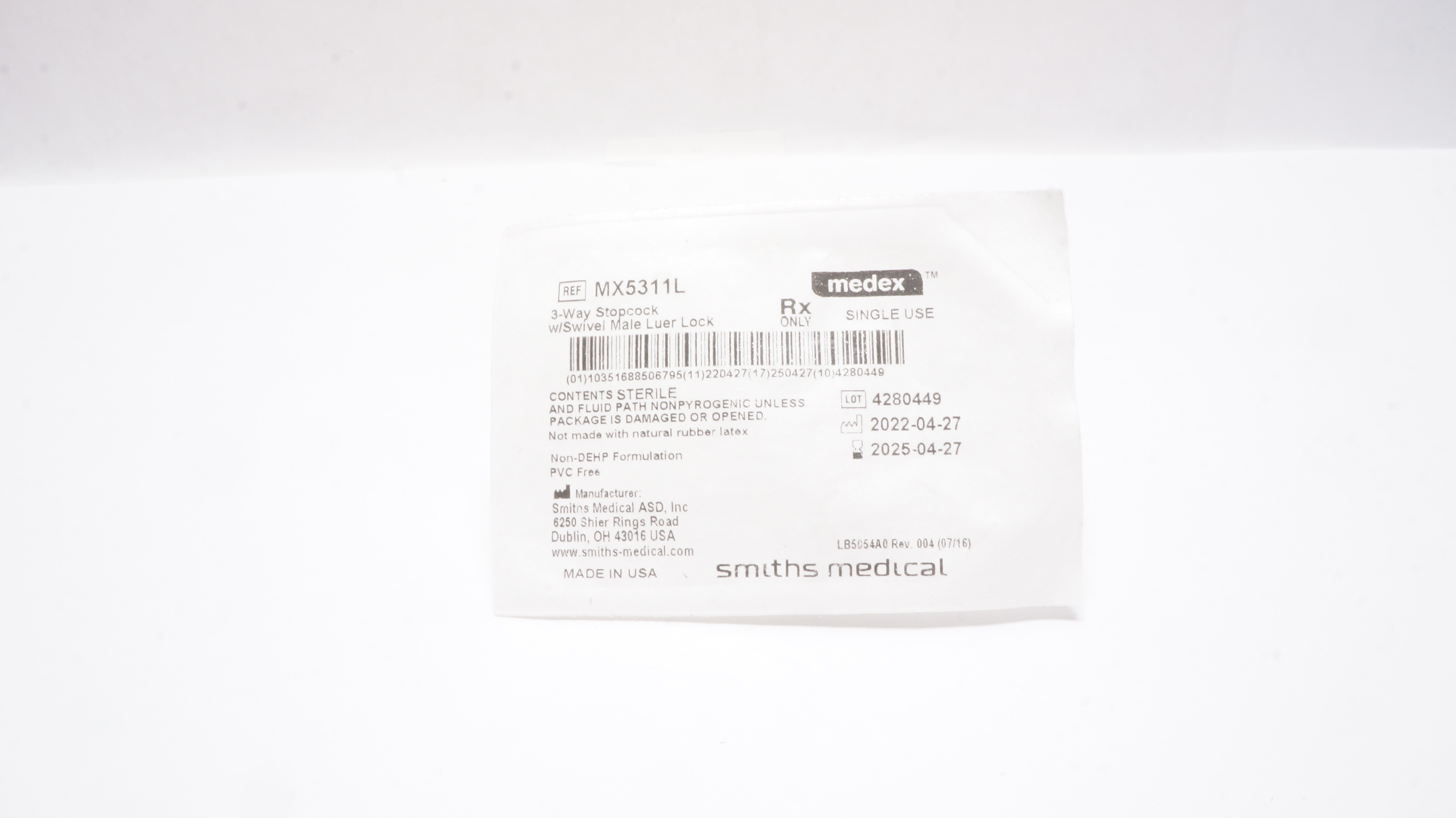 Smiths Medical MX5311L Medex 3-Way Stopcock w/Swivel Male Luer Lock