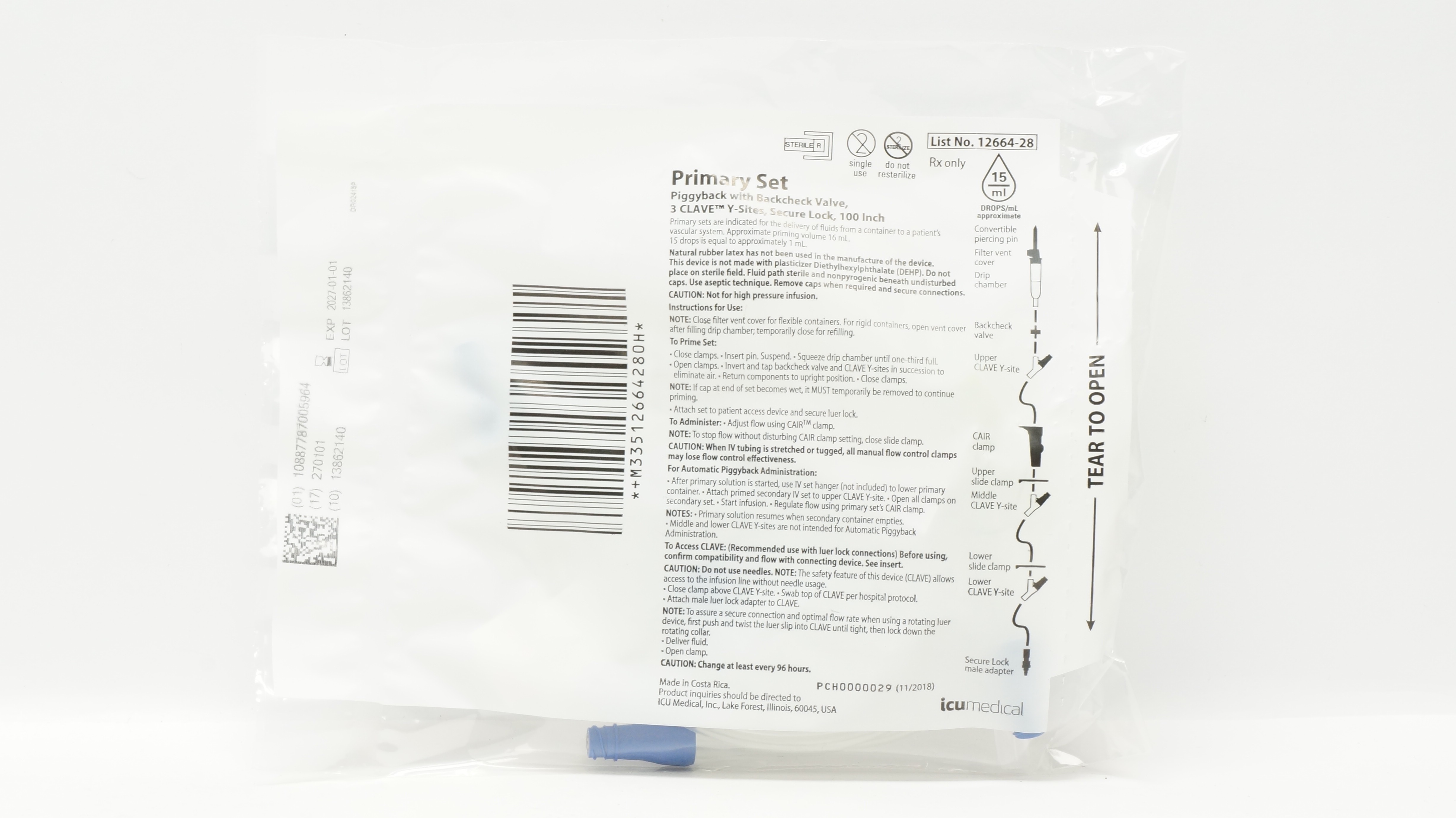 ICU Medical 12664-28 Primary Set Piggyback w/Backcheck Valve 100inch 15Drops/ml