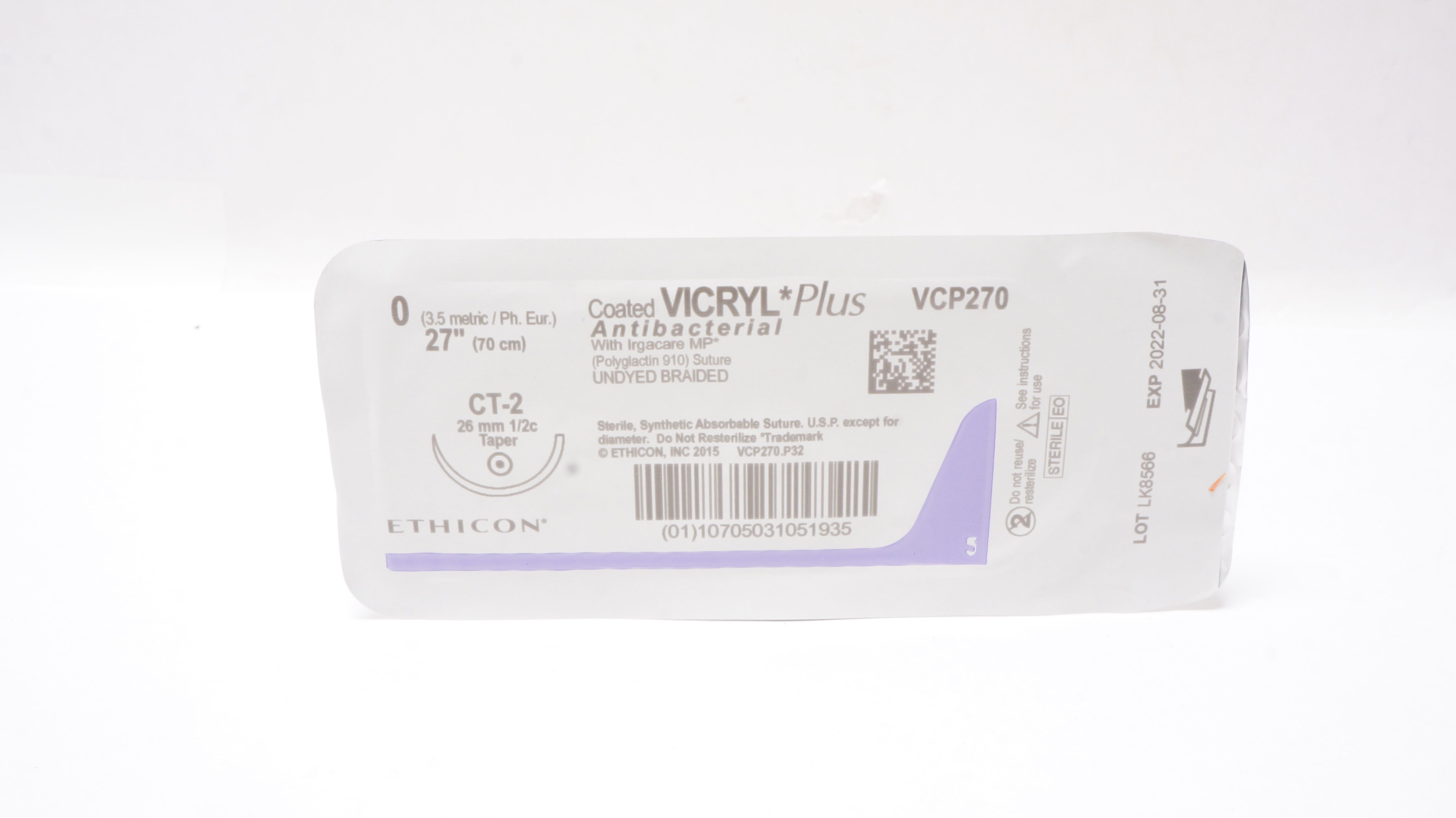 Ethicon VCP270 0 Coated VICRYL PLus Braided Stre CT-2 26mm 1/2c Taper 27inch (x)