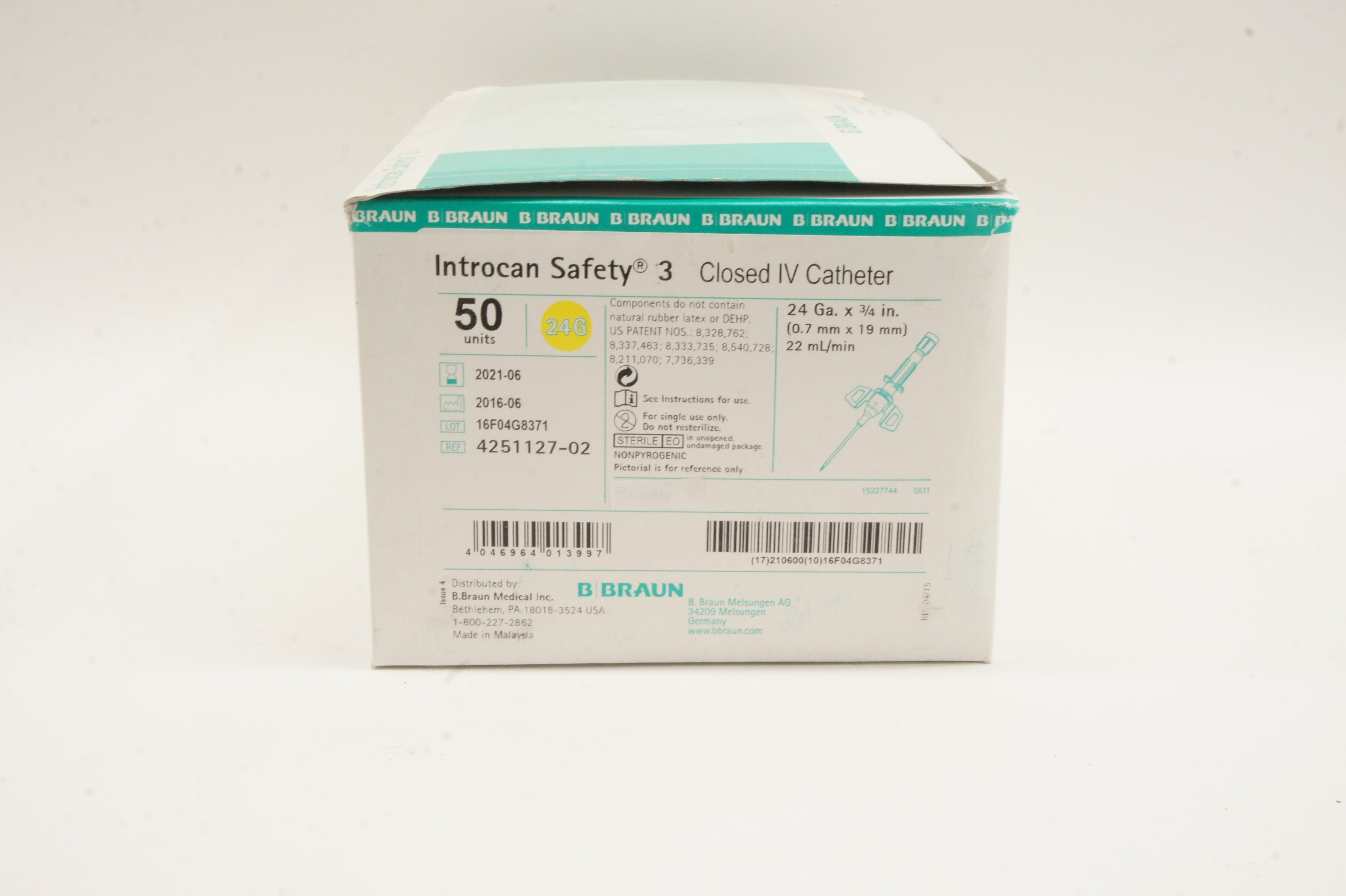 Braun 4251127-02 Introcan Safety 3 Closed IV Cath. 24G x 3/4inch - Box of 50 (x)