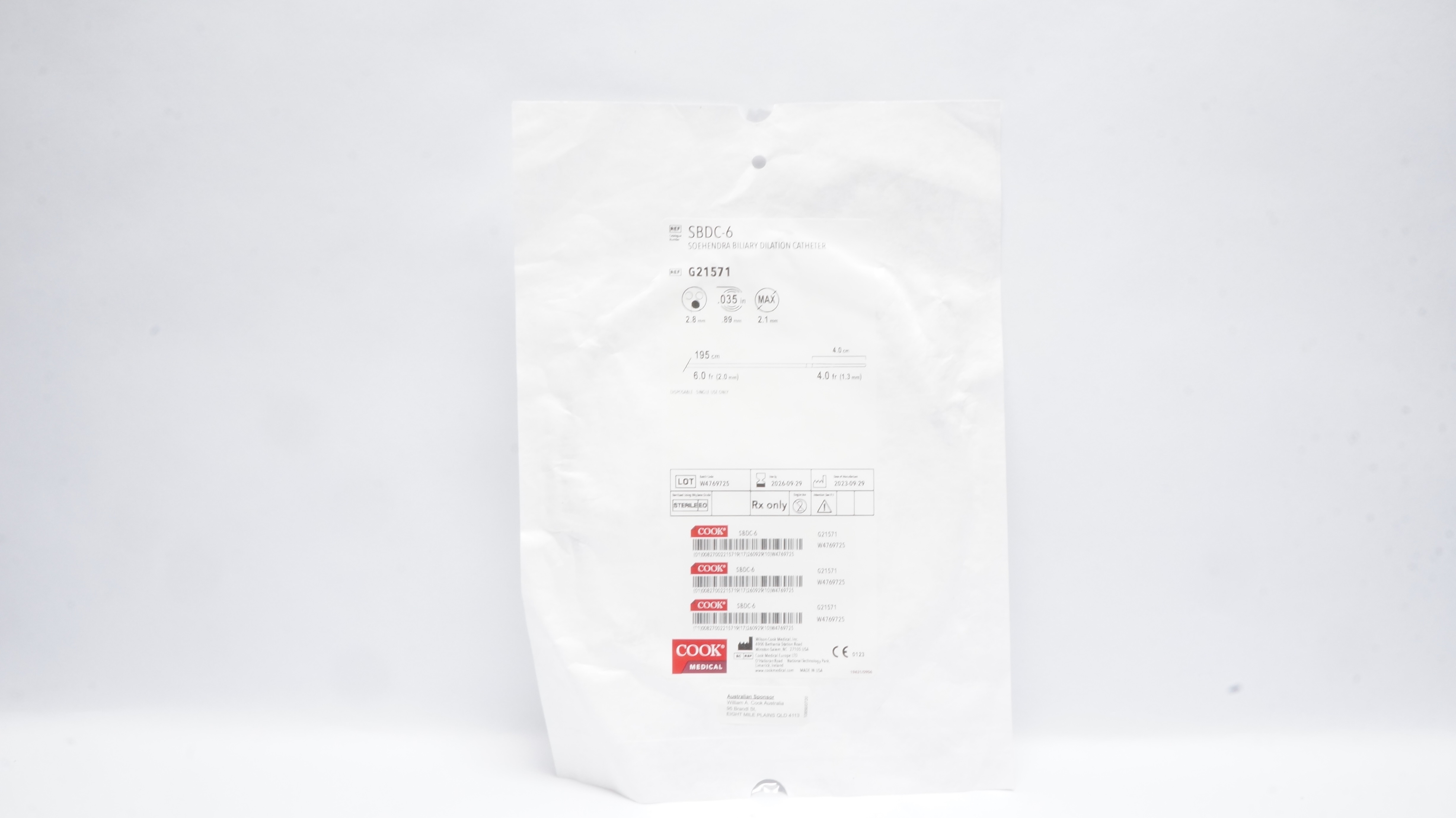 Cook Medical G21571 Soehendra Biliary Dilation Cath. 195cm 6.0 Fr x 4.0cm