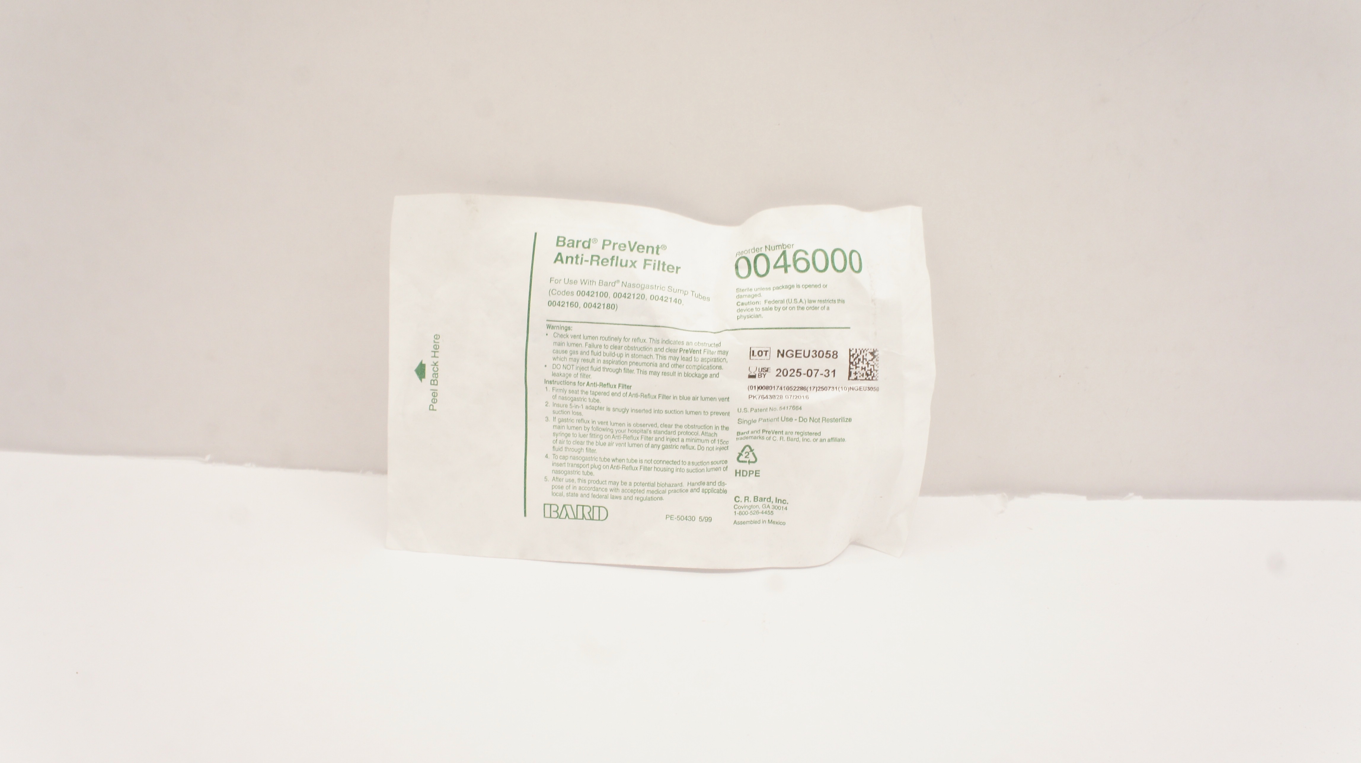 Bard 0046000 PreVent Anti-Reflux Filter