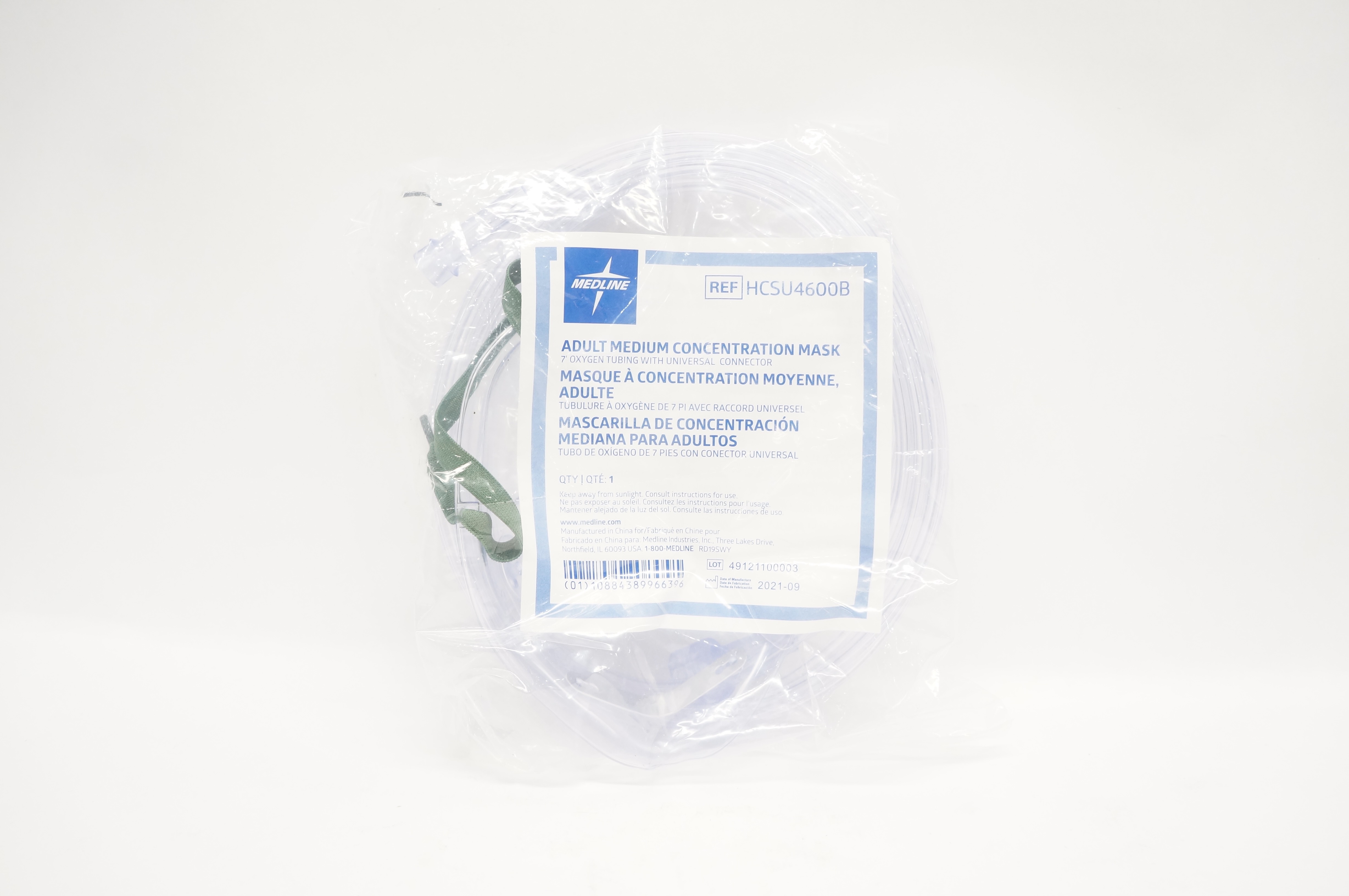 Medline HCSU4600B Adult Medium Concentration Oxygen Mask W/ Oxygen Tubing 7Ft