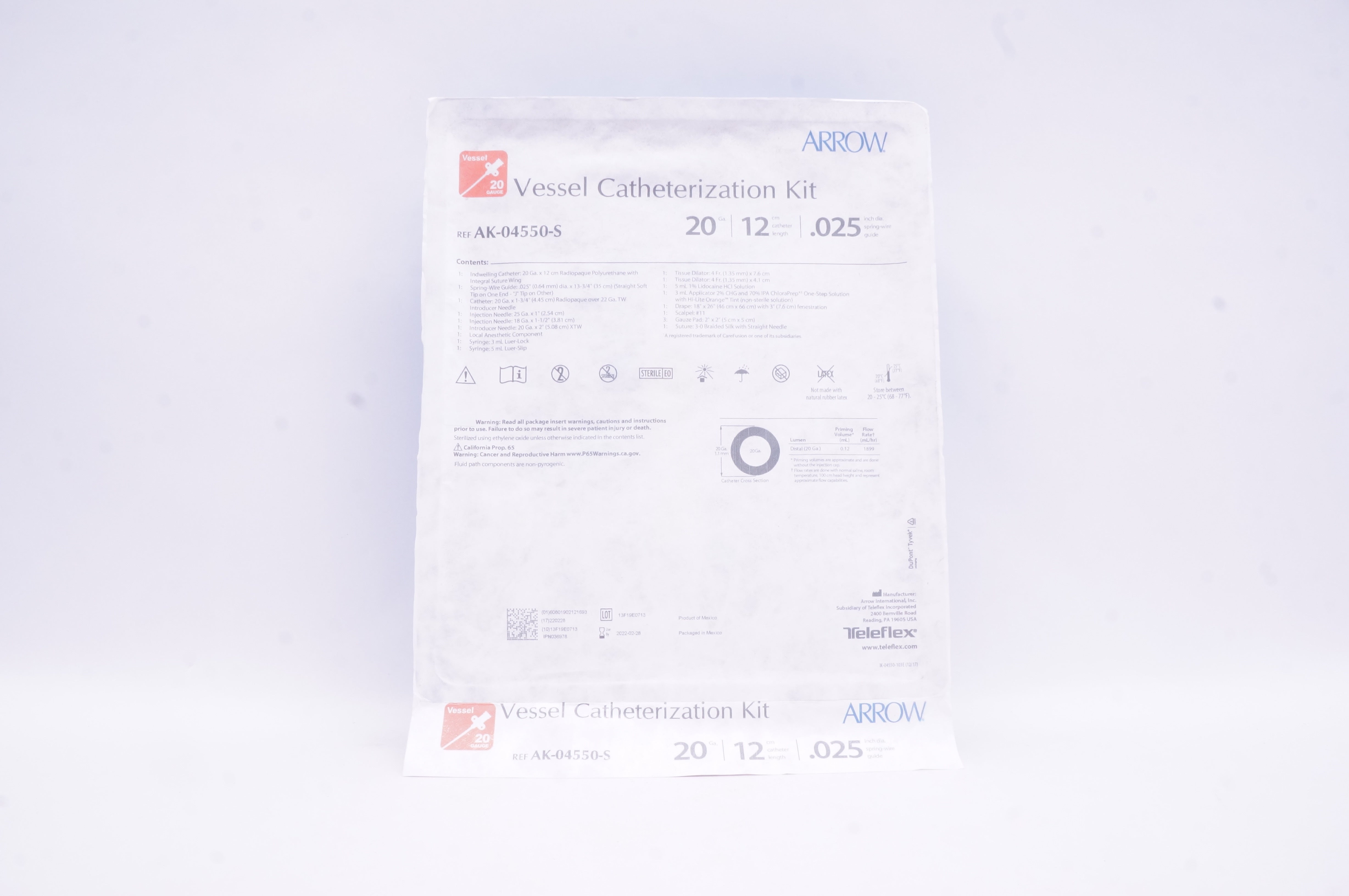 Arrow AK-04550-S Vessel Cath. Kit 20Ga. x 20cm x 0.025cm