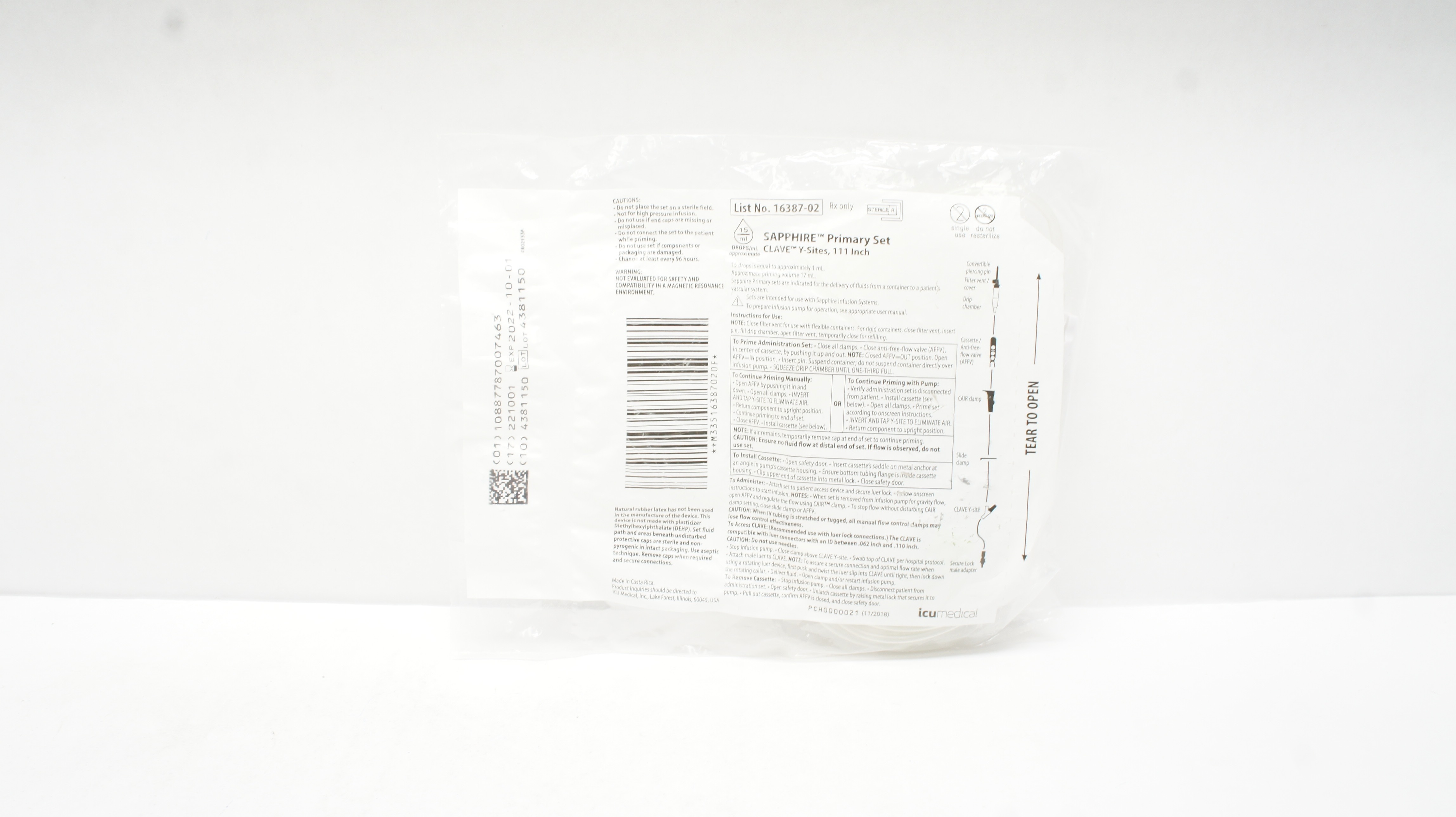 Icu Medical 16387-02 Sapphire Primary Set Clave Y-Sites, 111inch (x)