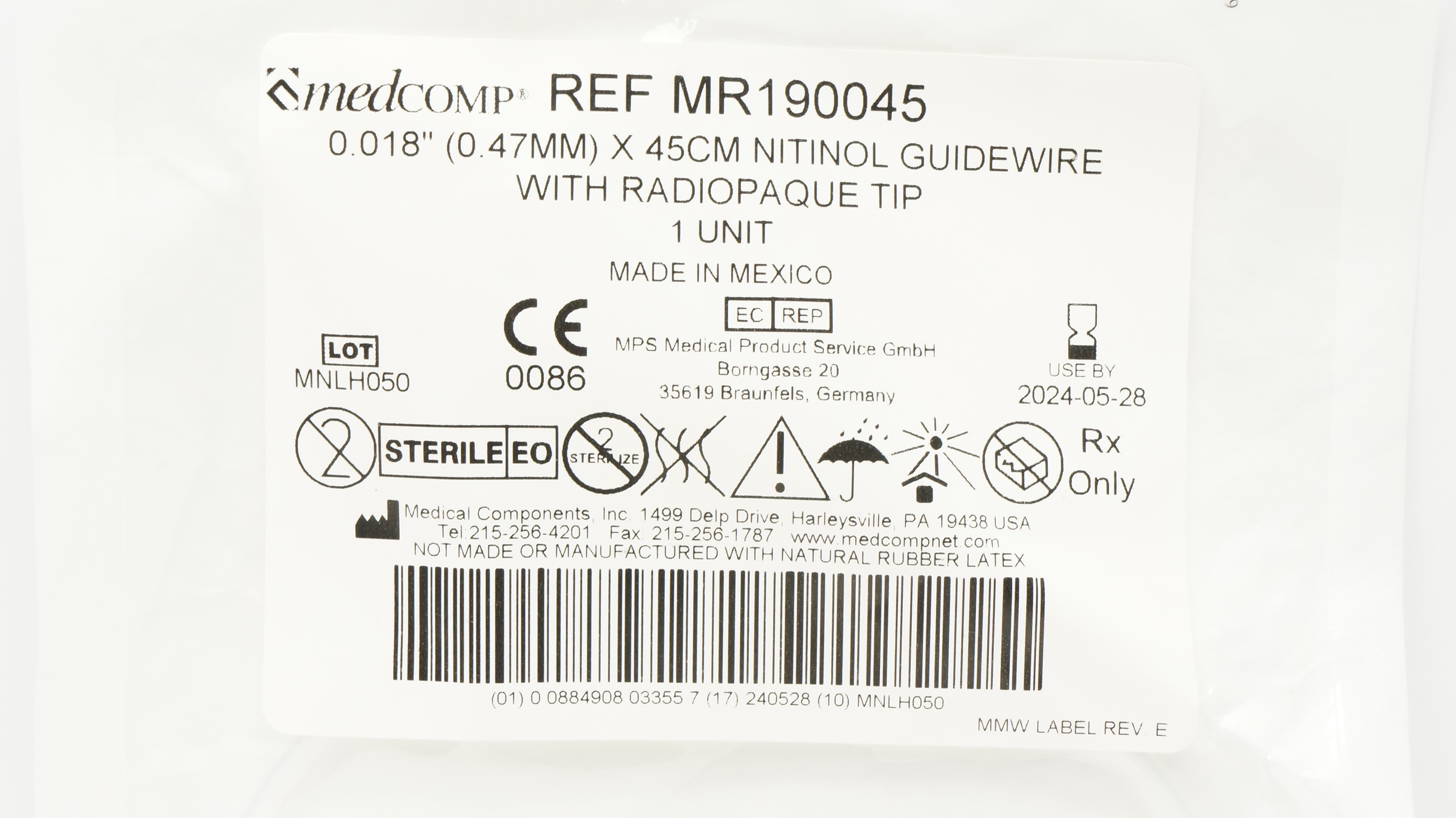 Medcomp MR190045 Nitinol Guidewire w/Radiopaque Tip 0.018inch x 45cm (x)